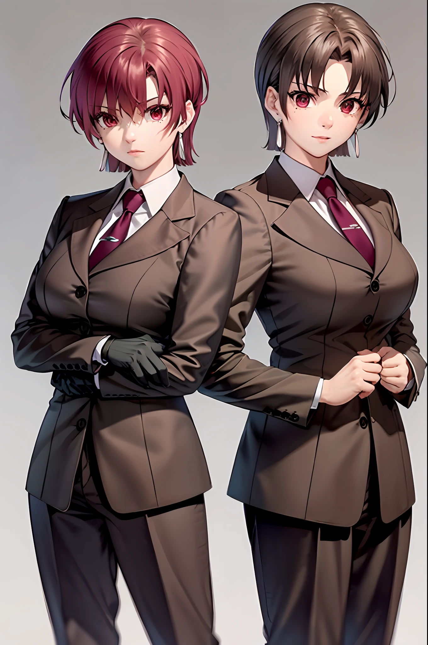 (masterpiece, best quality:1.2), bazett, fgo, 3girl, trio, sisters, short hair, red hair, bangs, red eyes, mole under eye, large breasts, black gloves, formal suit, necktie, jacket, upper body, earrings,