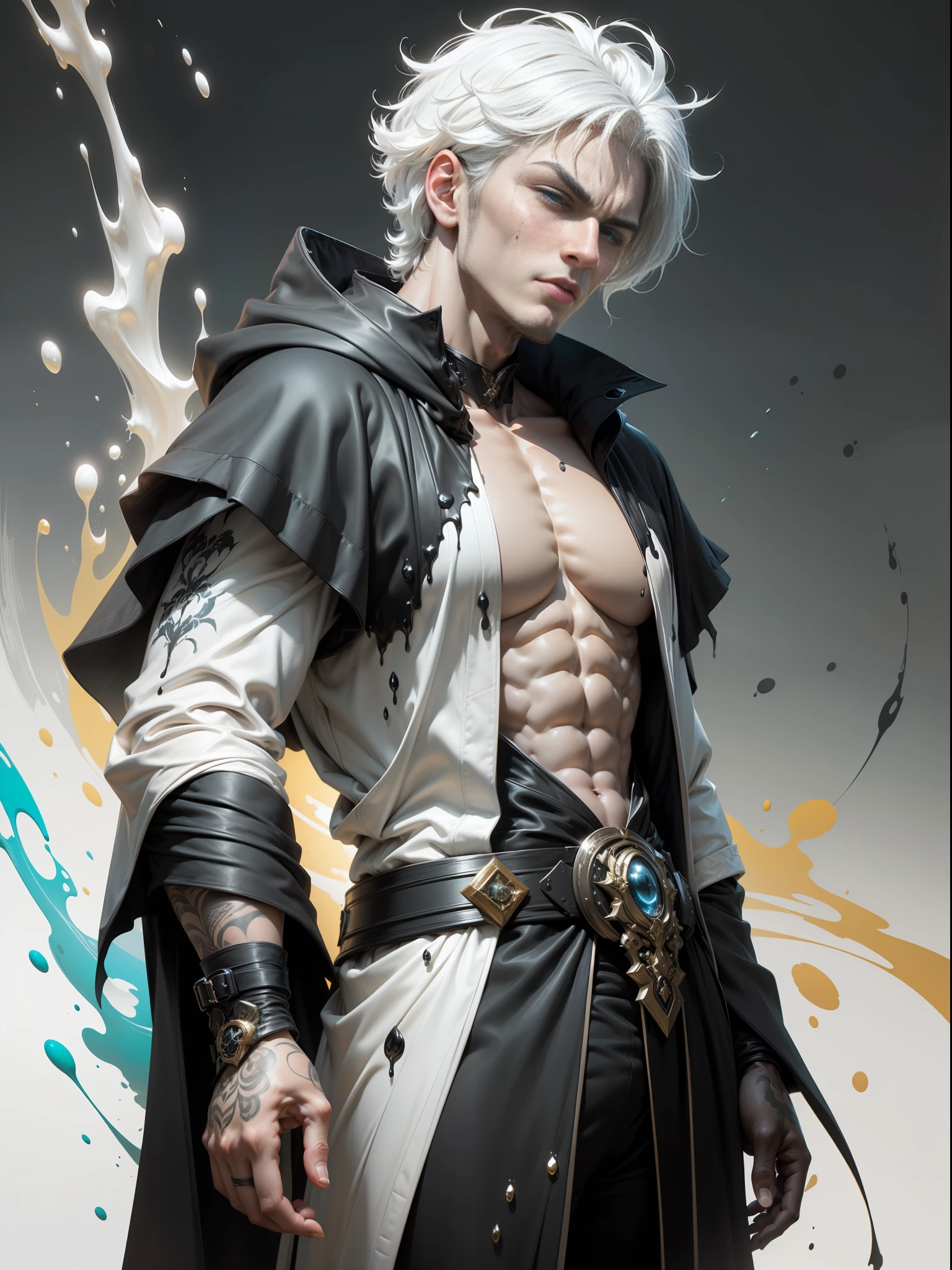 Cyberpunk male, fantasy world, dark background, clean design, epic instagram, artstation, colorful paint splatter, silhouette, hyper detailed intricate details, unreal engine, fantasy, intricate details, splash screen, complementary colors, Fantasy concept art, 8k resolution, deviantart masterpiece, oil painting, heavy strokes, paint dripping, (isolated on white background: 1.3), rainbow skin, (((handsome young man))), ((teenage:1.5) ), (glowing blue eyes), ((light eyes)), ((((short white hair: 1.1))), ((black clothes)), (prince\\(indifferent expression\\),, ( ((Wears high detail luxurious black robe))), white hair, frost magic, ((chest) --v 6