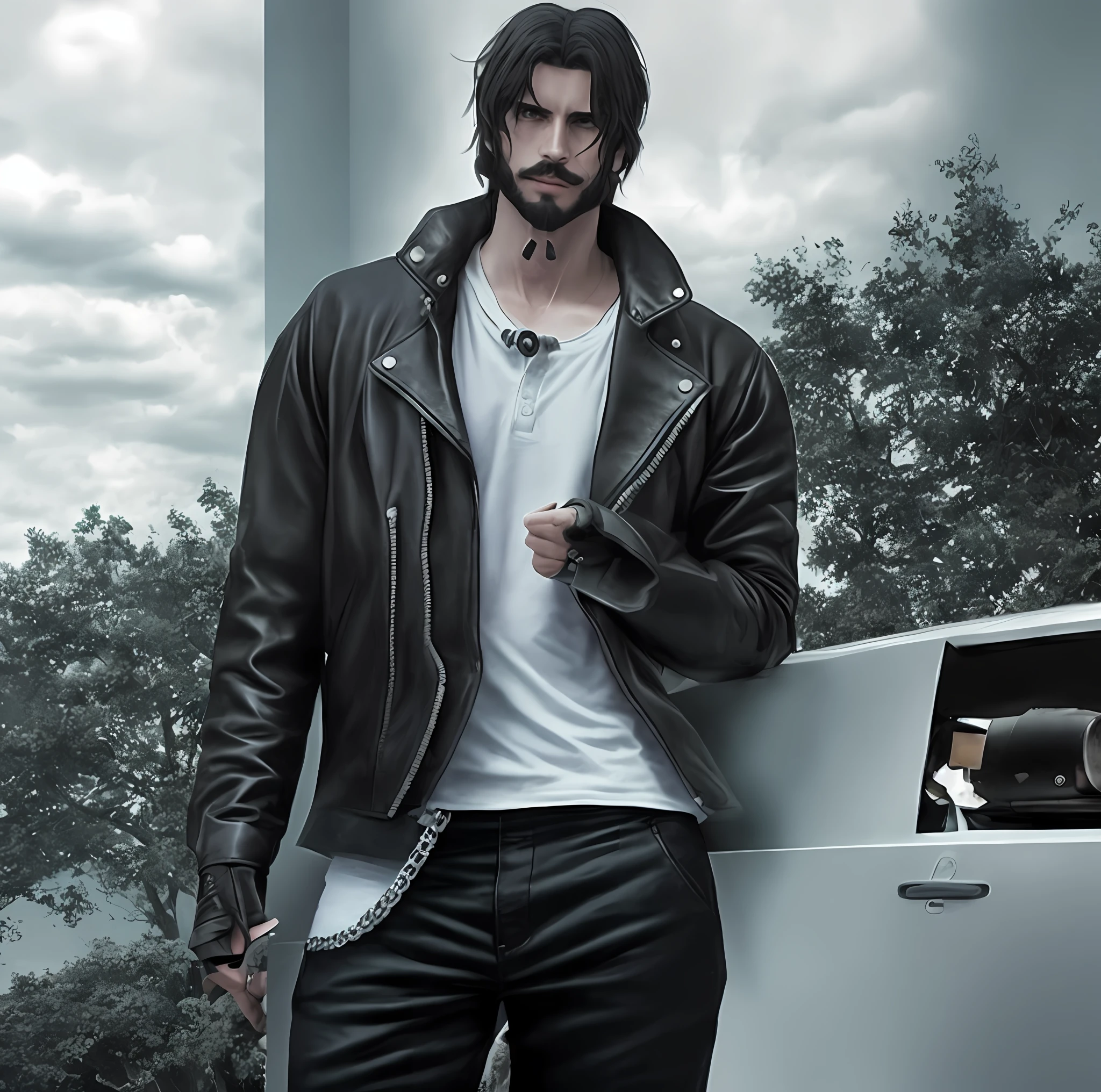 there is a man in a leather jacket standing next to a car, inspirado em Allan Linder, mechanic punk outfit, vestindo jaqueta de couro samcrow, inspirado em James Bolivar Manson, inspirado em Aleksander Gine, inspirado em Jean Malouel, he got a big french musctache, inspirado em David Begbie, inspirado em Ludovit Fulla, 1 homem, fumar cigarros, (FOTO CRU: 1.2), (fotorrealista |: 1.4), (detalhes intrincados: 1.2), (obra-prima: 1.3), (melhor qualidade: 1.4), (Ultra Highres: 1.2), luz de cinema, ultra alta realista, (olhos detalhados), (detailed facial features), (detailed clothes features),HDR, 8k resolution, (extreme detailed illustration), (extreme detailed illustration), retrato de corpo inteiro, mola a 50mm, abertura f/4, (super detalhe), 8mm film grain