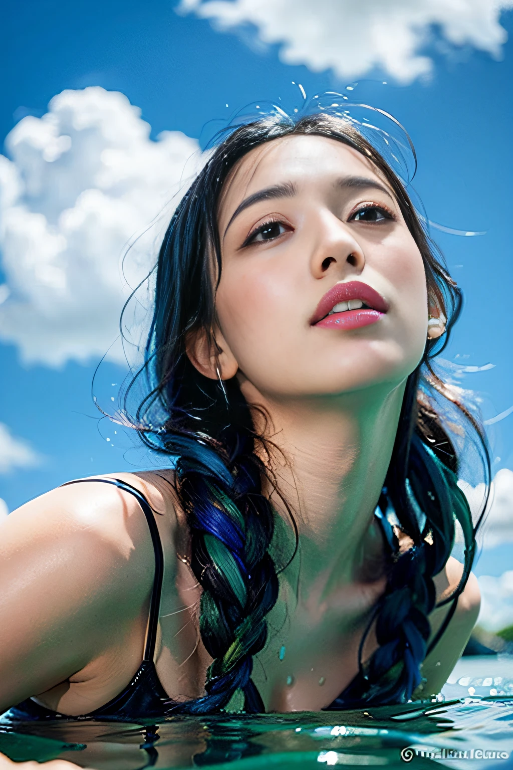 (maximum quality、傑作、Detailed、8K)、Mermaid with blue hair and flowers floating in water、beautiful mermaid、beautiful digital illustration、Beautiful artwork illustration、beautiful digital artwork、beautiful gorgeous digital art、beautiful digital art、Asian Woman Water Elemental、gorgeous digital art、Very beautiful digital art、Close-up fantasy with the magic of water、beautiful fantasy art、beautiful digital painting、Exquisite digital illustration、Gorgeous Digital Painting、((Looking up at the blue sky))
