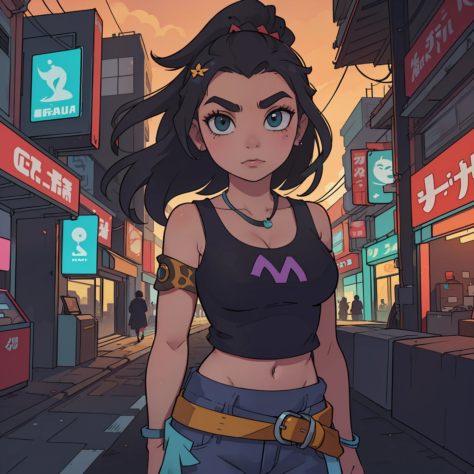 (obra-prima:1.3), (melhor qualidade), mulher, Moana, roupa cyberpunk, cidade cyberpunk, pele negra