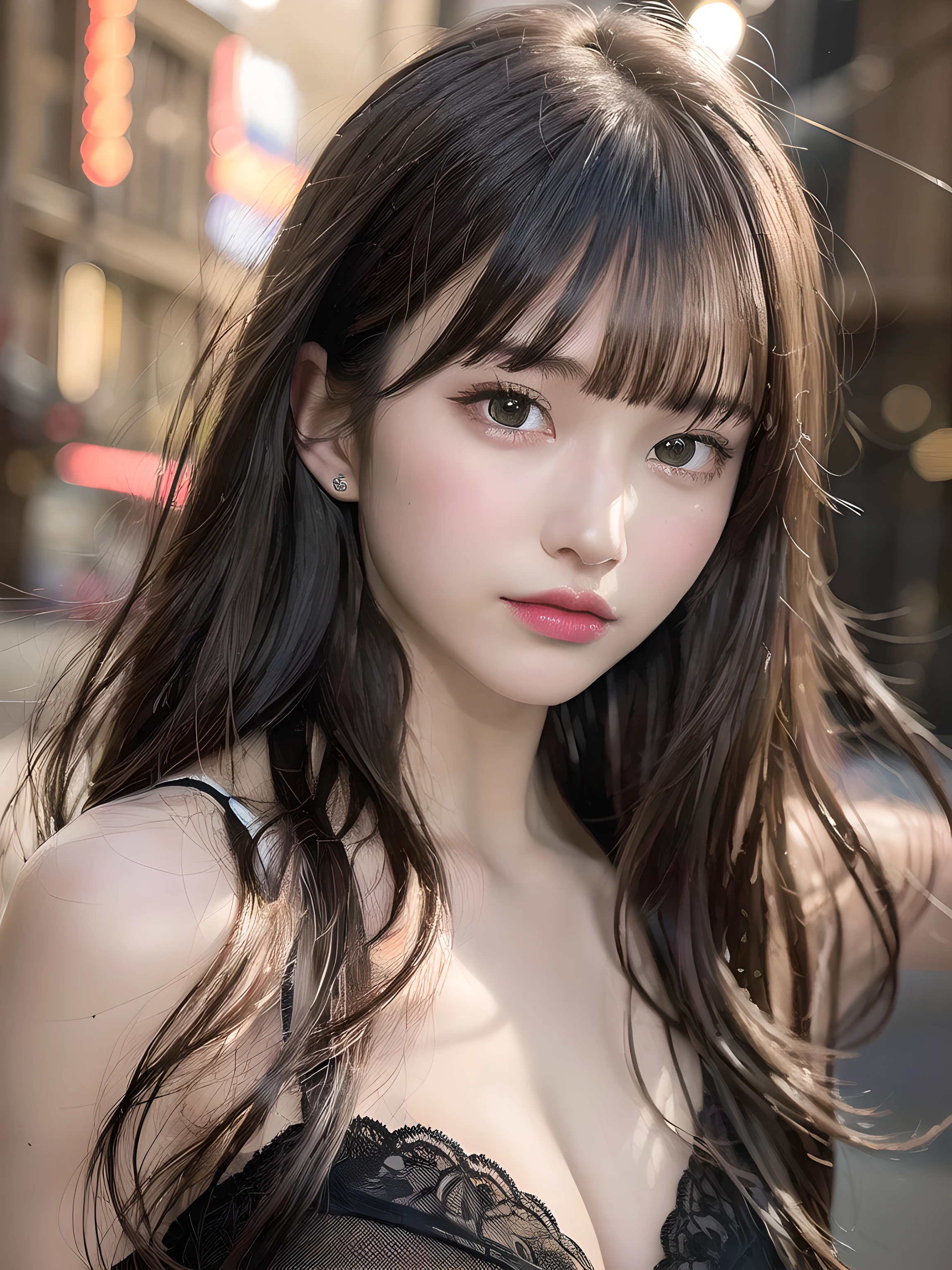 (8k), (best quality), (masterpiece:1.3), (realistic), (photorealistic:1.36), ultra-detailed, cinema lights,
1girl, solo, (((dark long hair with bangs))), (finely detailed beautiful amber eyes: 1.2),  lustrous skin, show Clavicle, perfect skin, (adult face:1.2), (medium_breasts:1.3),