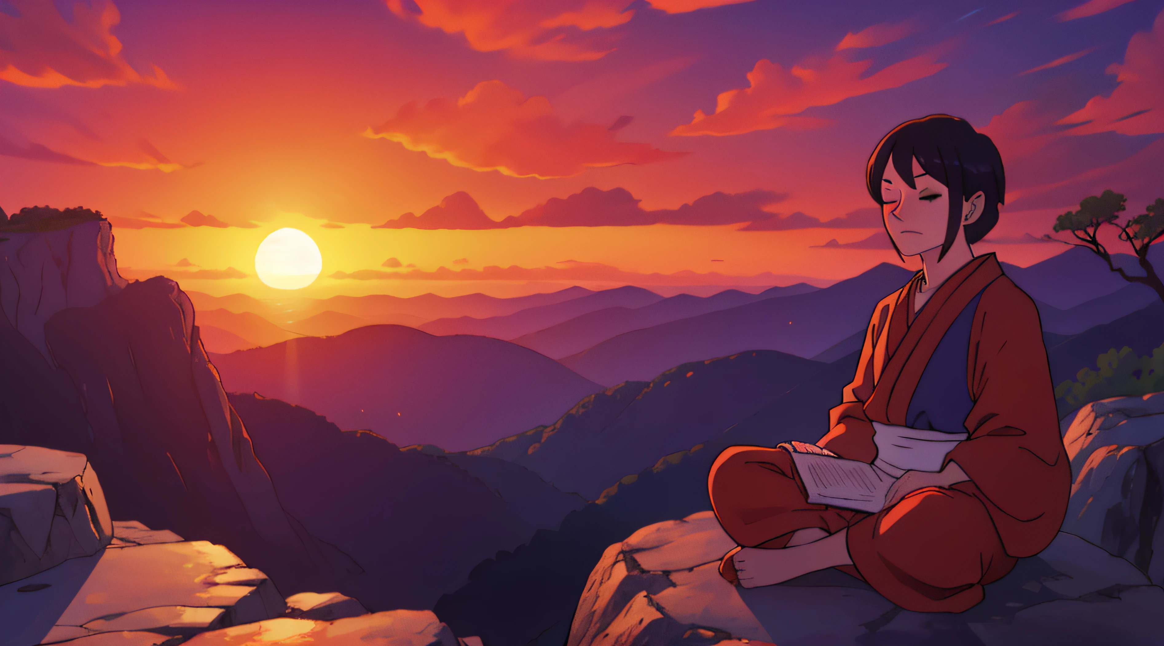 drawing of monk meditating on a rock with a beautiful sunset in the background, circunstanciado, Imagem 8k