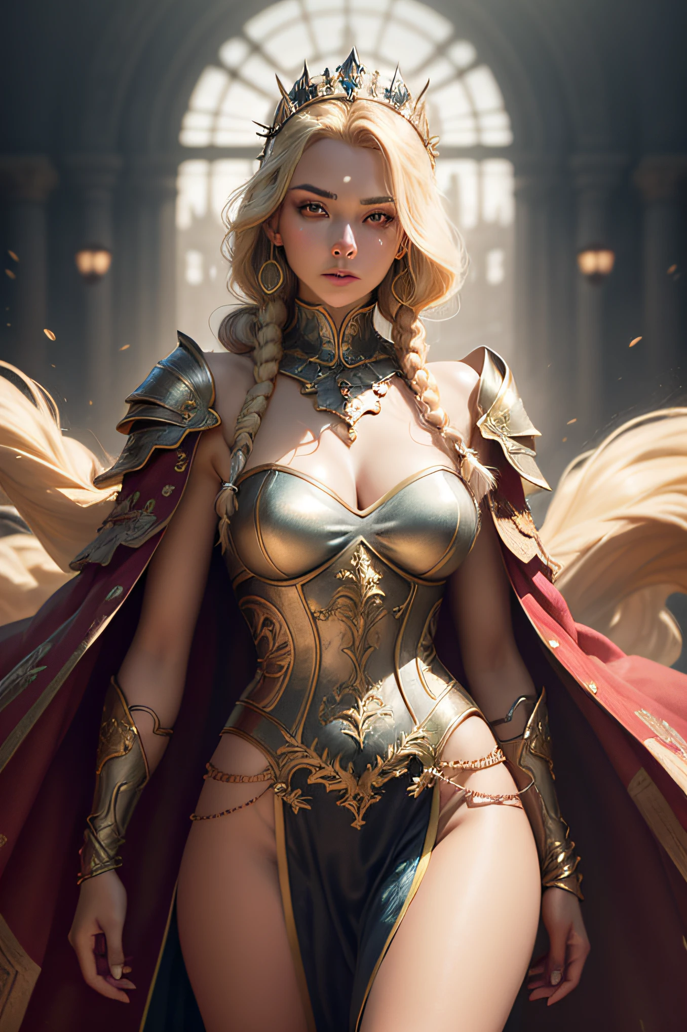 Blonde haired woman with braids, (medieval punk green neckline armor). Bright chrome gold lingerie with sharp reflections. Gems. Bare shoulders. (tiara). Low muscle definition. Beautiful legs. Bare shoulders visible. Detailed lighting. Artwork. Extreme beauty. Clothing with intense colored gradient effect. Professional image with high saturation. Professional camera. Illustration. Vibrant colors. vibrant yellow eyes, thin, fur cape, bright golden eyes, symmetry, intense look, black details on clothes