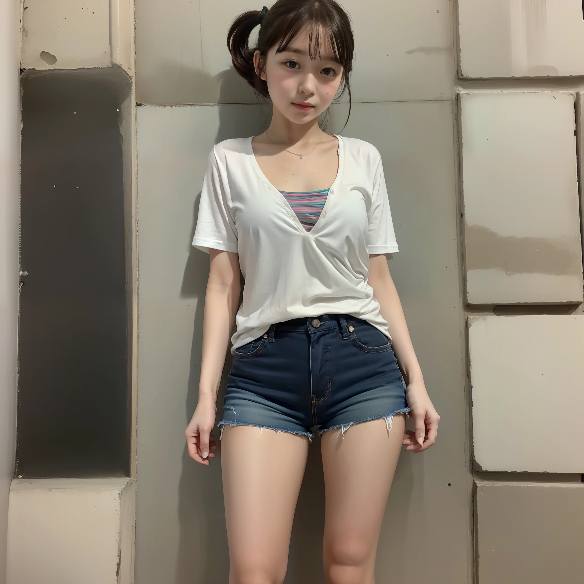 Young and cute face、elementary school student、nippl、Beautiful thighs、Very short and tight shorts、medium chest、Detailed details、Entire body、Skinny、photos、Short stature、Short ponytail、Being touched by a man、sodden