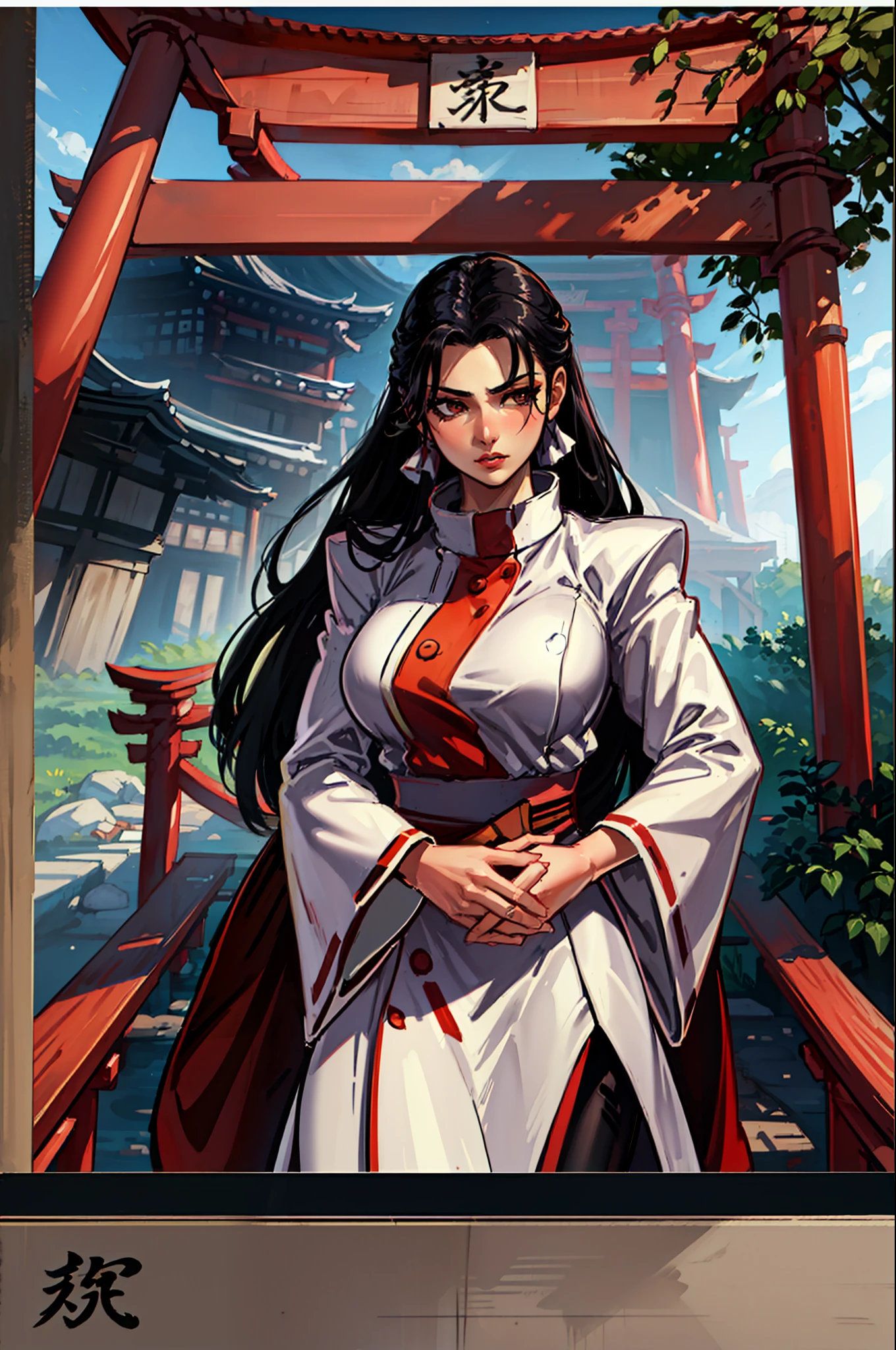 (masterpiece:1.2, best quality), (dinamic lighting) 1lady, solo, long hair, big breasts, hakama, red skirt, (shiny skin:1.2), upper body, torii, temple