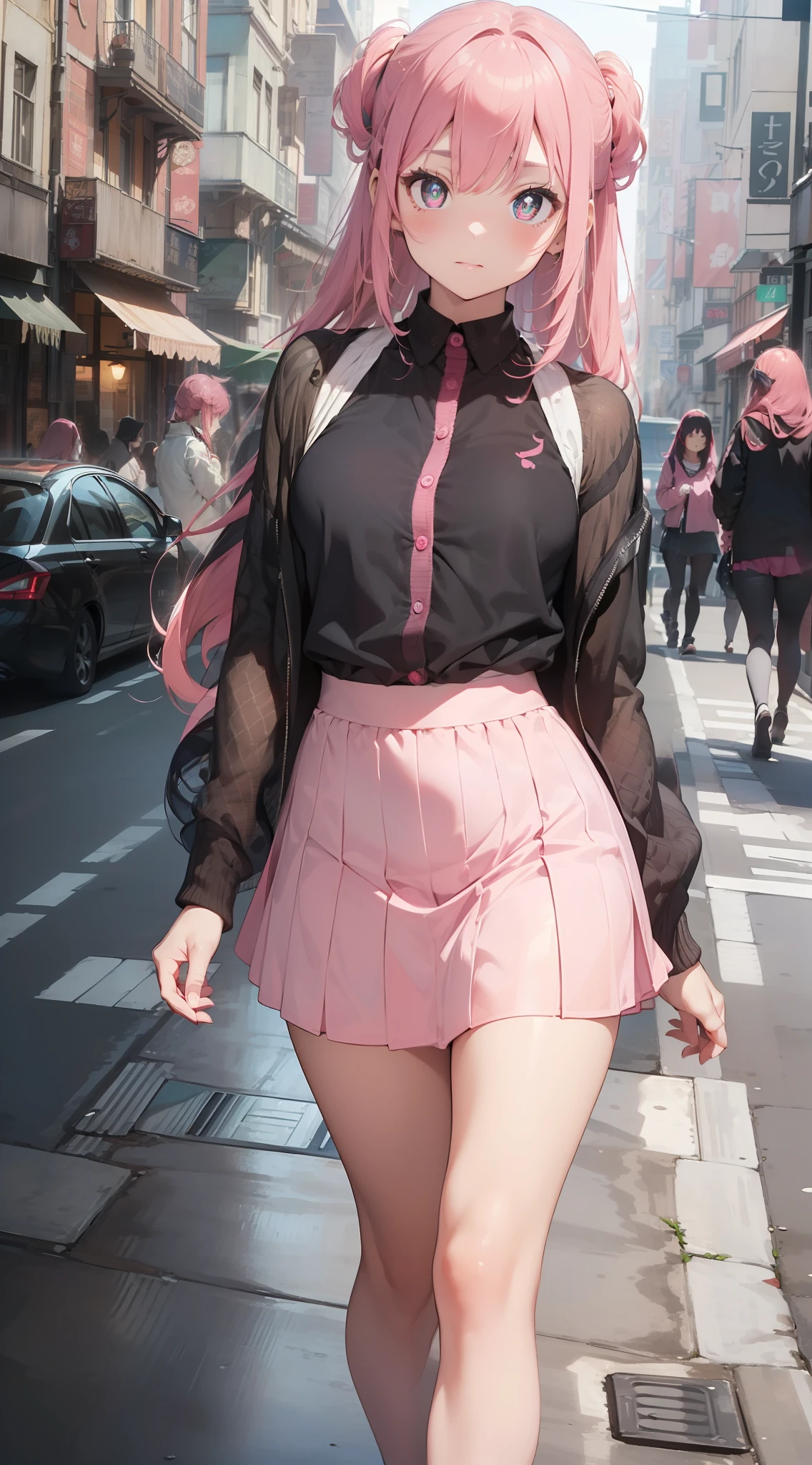 greeneyes,Street Photography(((Masterpiece))),((Ultra-detail,Best Quality, high resolutions, 8kwallpaper, beautiful Clothes,)),fullybody,ful body shot (1 girl)((Pink Hair, Long hair,Straight hair,two side up)) ((Glowing pink pupils))18歳.Cardigan made of sheer material、Long skirt