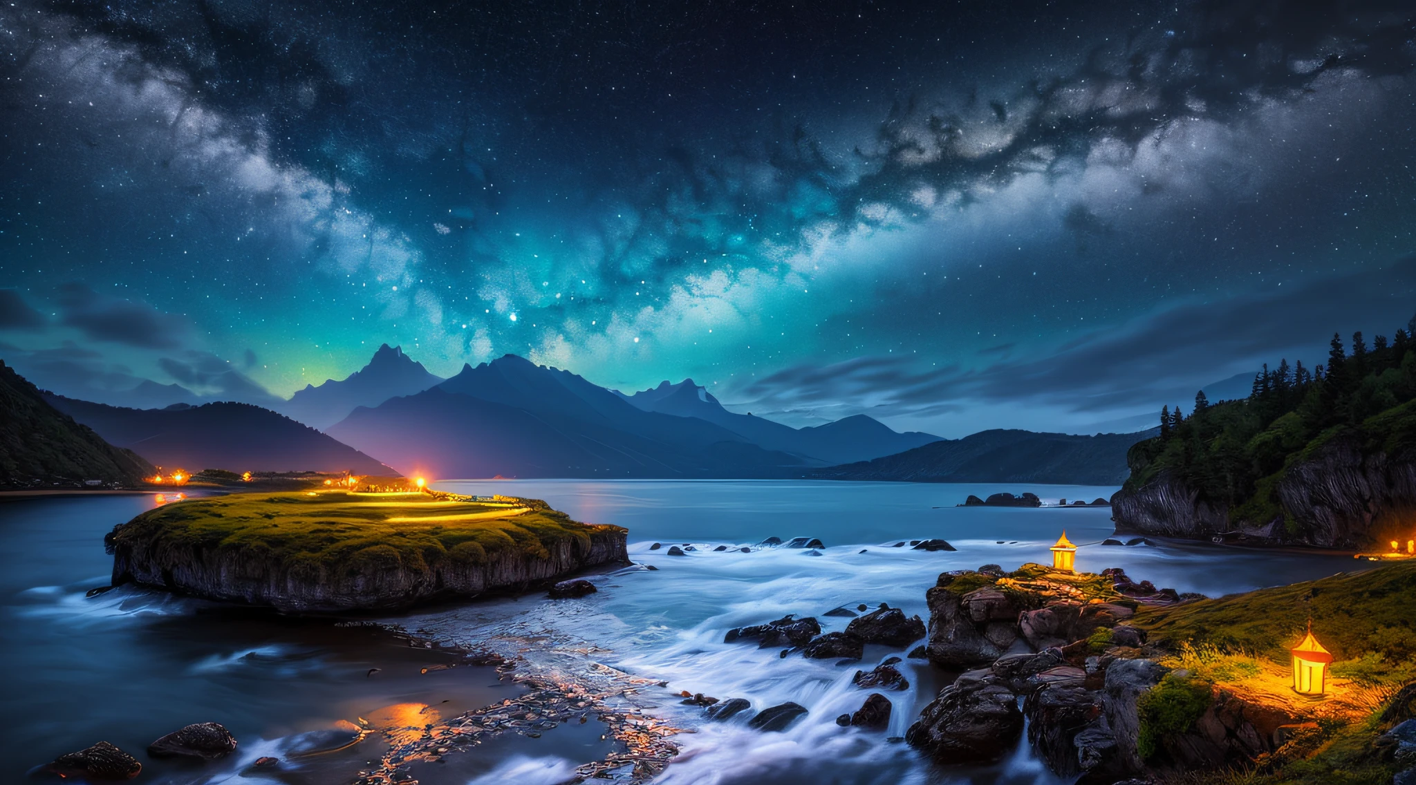 best quality, masterpiece, beautiful wild and natural fantasy landscape with glowing lights