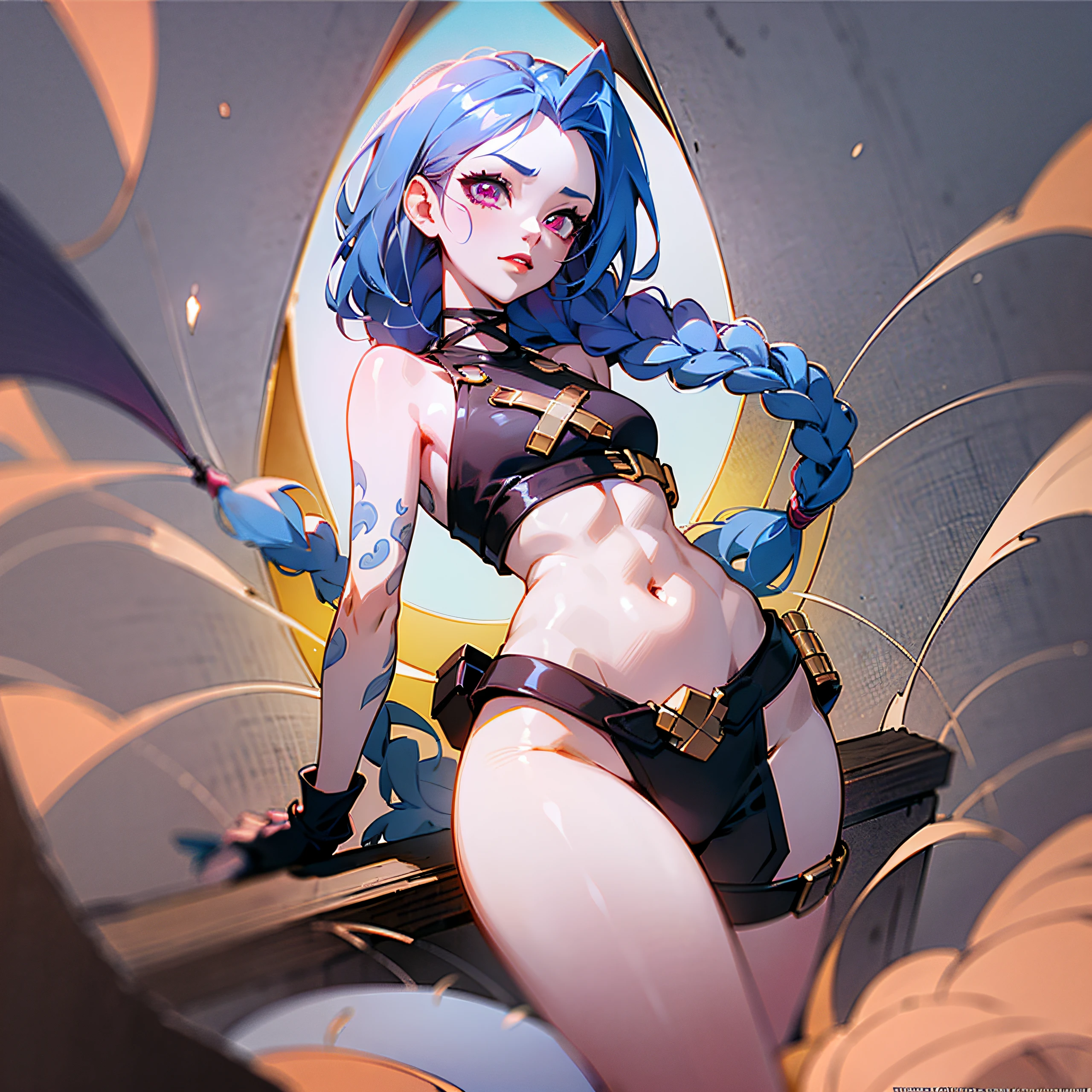 panoramic,anime style, jinxlol with a crop top, Jinxlol ,(JinxLol: 1.1),(league of legends),pink eyes, full body, big butt, small tits, ultra high resolution, perfect anatomy, (small breasts),red lips, twin braids, 1 girl, beautiful hips and full body belly, beautiful face, beautiful hands, girls, high-resolution beautiful eyes, character concept, perfect anatomy, focus, nearing perfection, dynamic, high details, highly detailed, station, concept art, sharp soft focus kim art jung gi, Artgerm, Sasha Yakovleva, Loish , Victor Nizovtsev, Greg Rutkowski, Noah Bradley. trending on artstation, 8k, masterpiece, fine details,