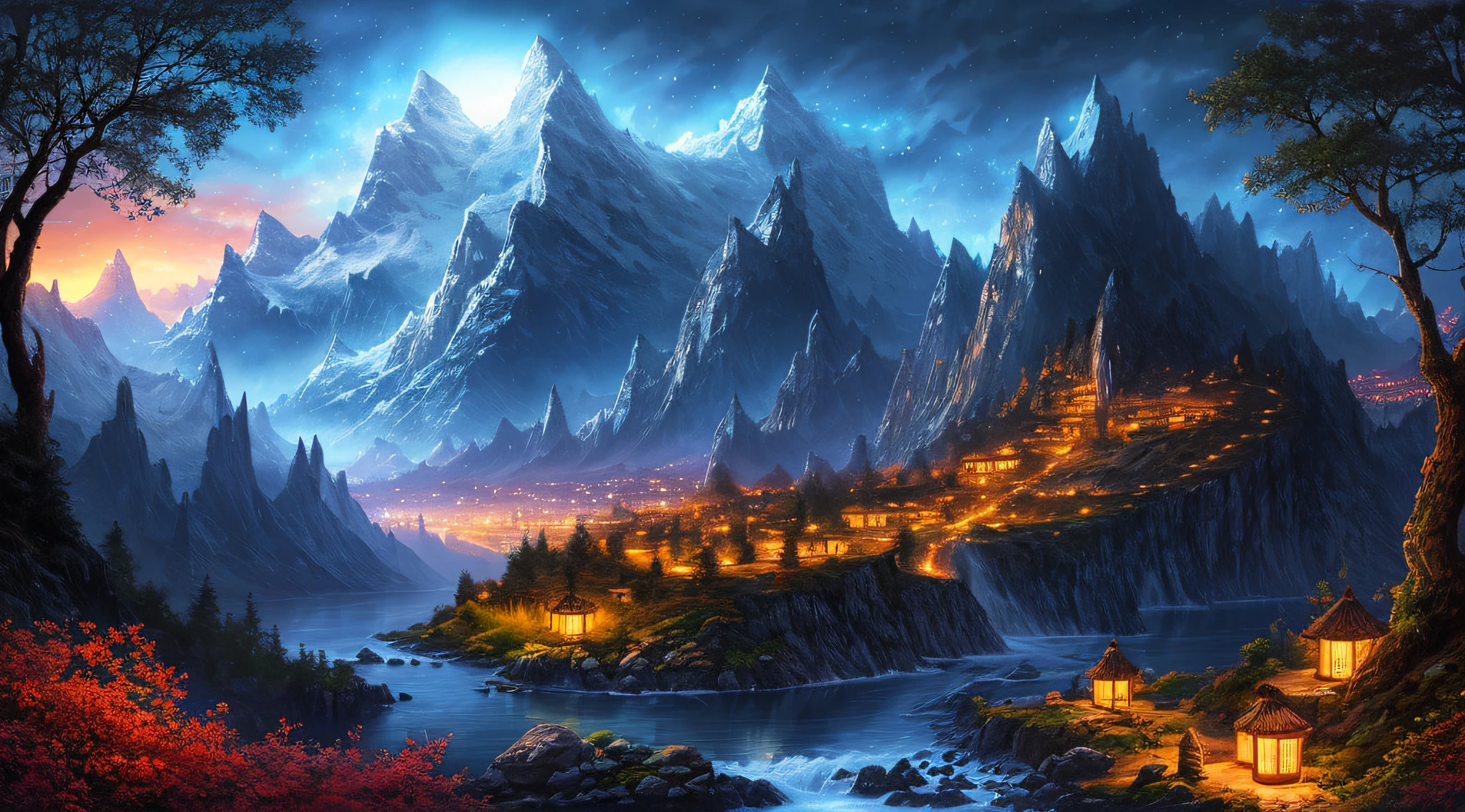 best quality, masterpiece, beautiful wild and natural fantasy landscape with glowing lights