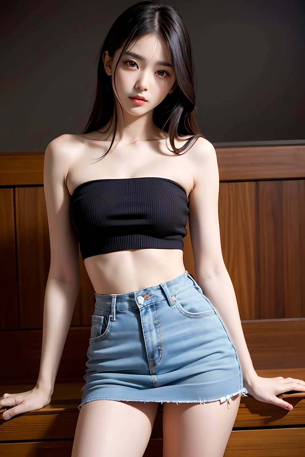 nsfw, 8K raw photo, Best quality, masterpiece, ultra high res, Beautiful slender legs, double eyelids, medium bust size, hair down to her shoulders, mini skirt up to show her pants.
