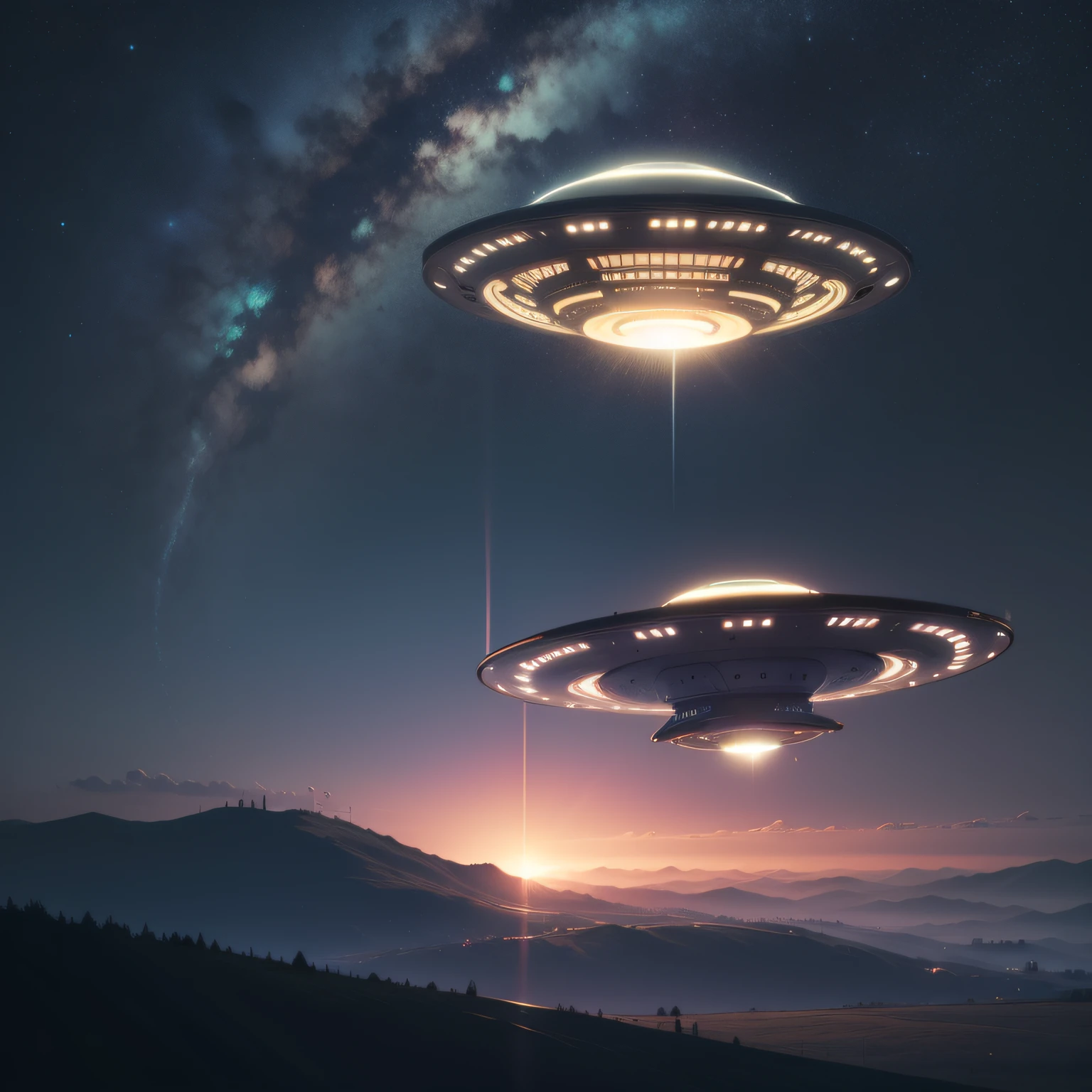 um ufo, a UFO, em formato de prato, Landing on the ground, visto de cima, na cor preta, com luzes misteriosas, 8k