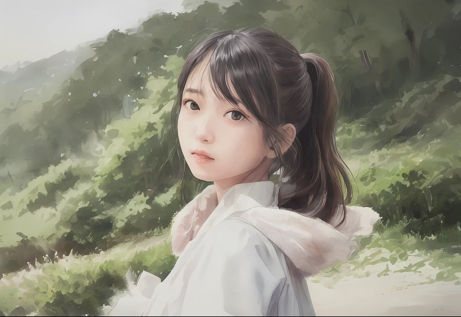 Master peace、、Realstic:1.4)、(extremely complex:1.2)、(Upper bust:1.2)、(from front:1.3)、Summer Images、You are shoulder-to-shoulder in a very neat dress、haired(ponytails)、Watch your audience、The expression is very bright、Japan people about 21 years old with a small face of about 150 cm、Fashionable makeup、Model style like a face that looks younger than her age、Head tilt、1女の子、solo、ultra high-resolution、8k UHD、flawless anatomy、Exquisitely detailed skin、Best Shadows、delicated、high resolutions