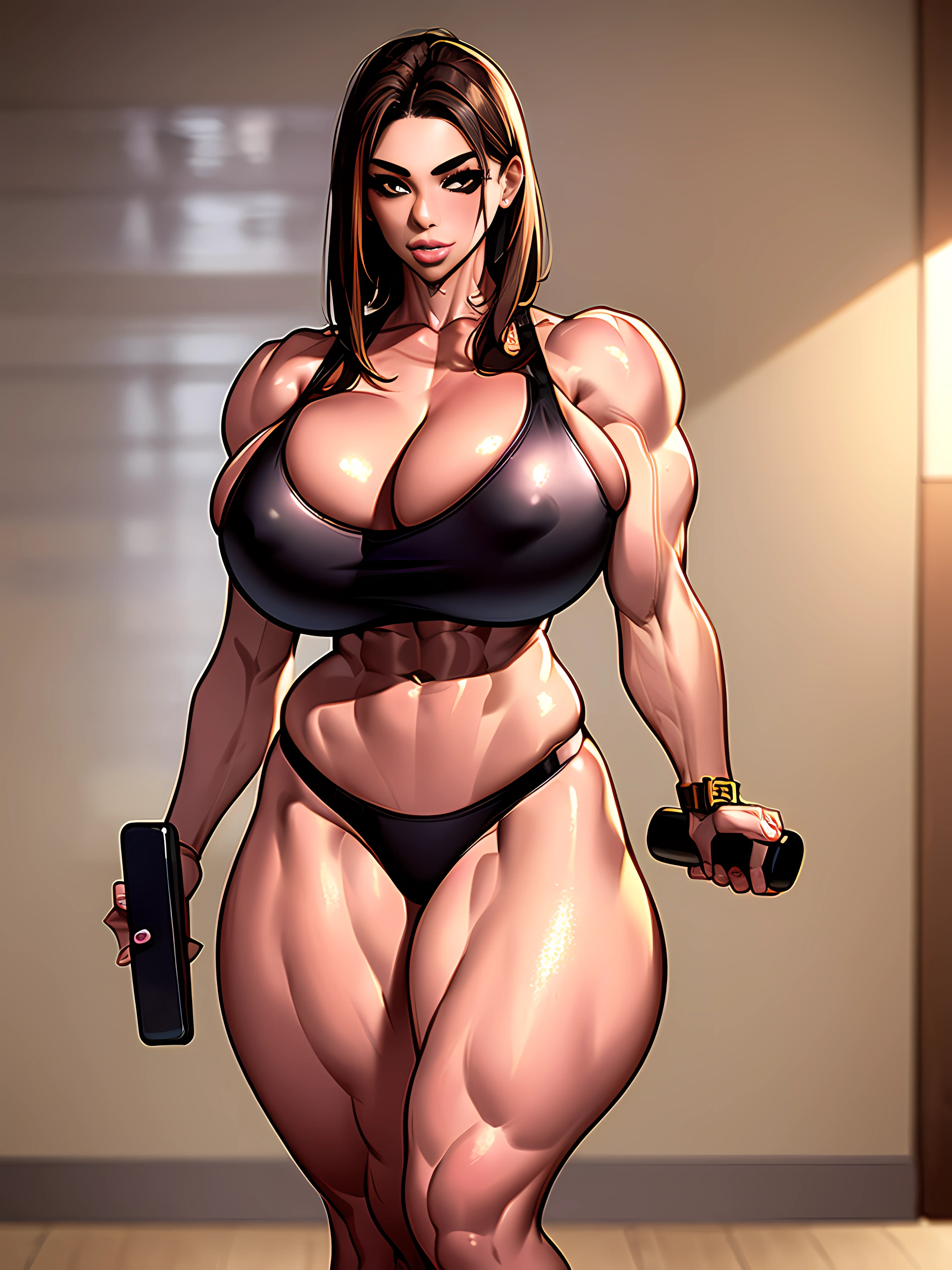 1girl, empty gym background, full body using 6/7 wide optimized for iphone, high bimbo with big muscles, brown hair, very defined muscles, big muscles with veins, sexy attire, very big breasts, big calves, wide hips,