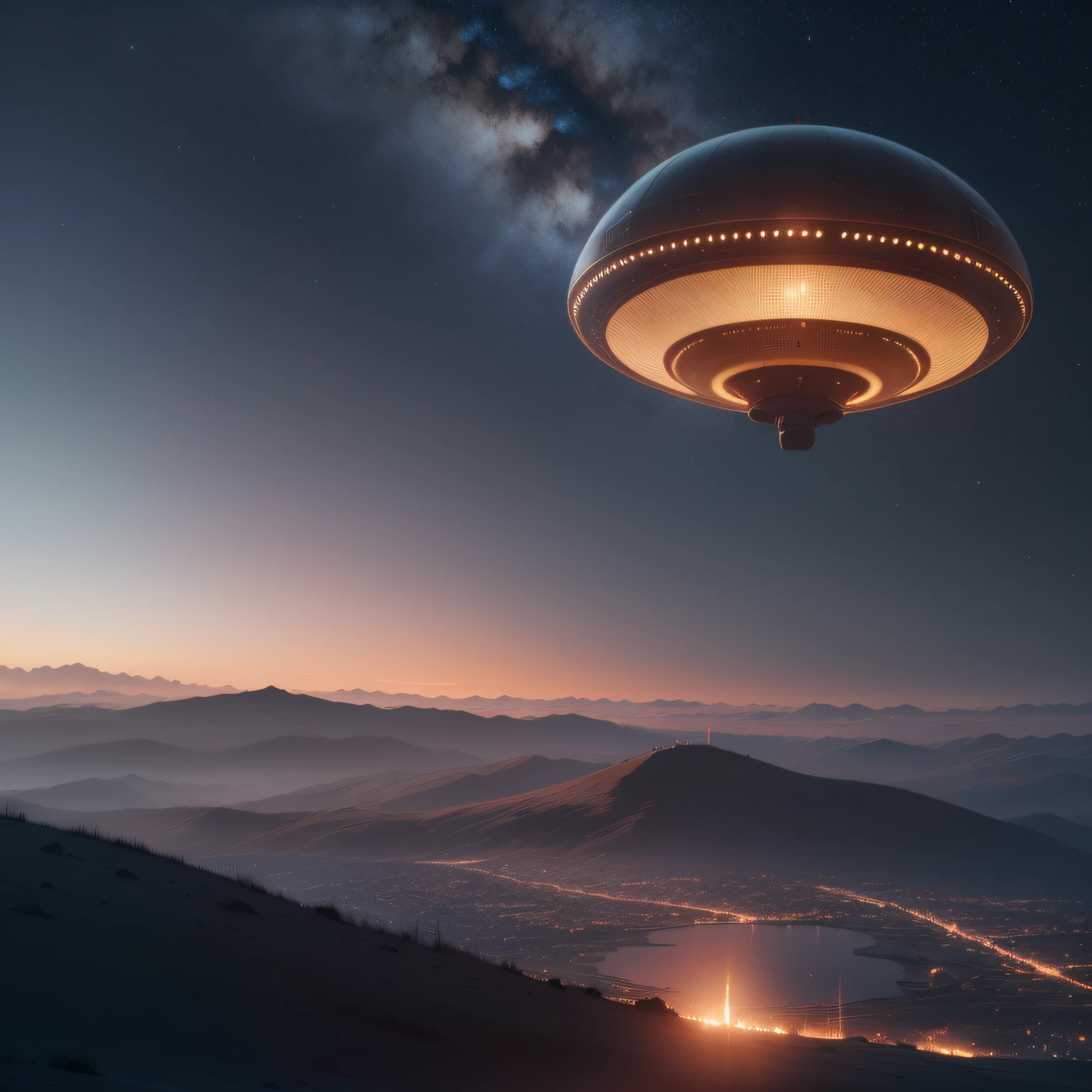 um ufo, a UFO, em formato de prato, Landing on the ground, visto de cima, na cor preta, com luzes misteriosas, 8k