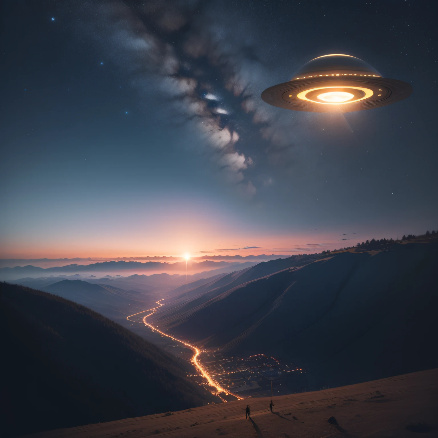um ufo, a UFO, em formato de prato, Landing on the ground, visto de cima, na cor preta, com luzes misteriosas, 8k