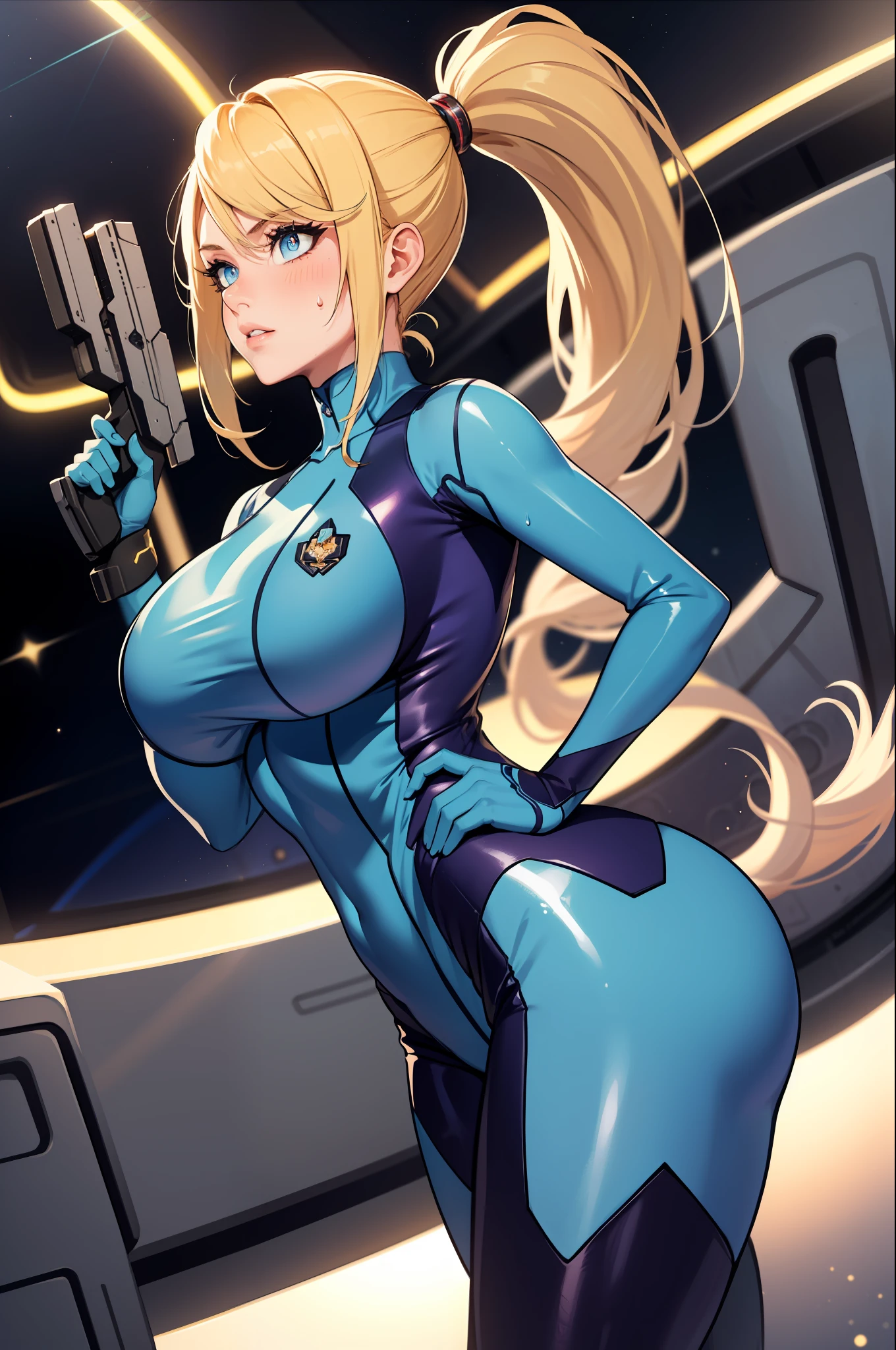 1girls，Female Star Warrior，Delicate and beautiful face，blushing face，Sweat on the face，Blue pupils，The lips open slightly，HAIR LOIRO，High ponytail，Busty boobs，Convex buttocks，Dressed in a blue bodysuit，Armed with a firearm，Weapons of the future，chest close-up，Close-up of buttocks，perfectly proportioned，samus aran，Detailed clothing details，Liquid effects，space station，heavenly body，The metropolis of the future，High-tech scene，high quailty，A Masterpiece，8K，