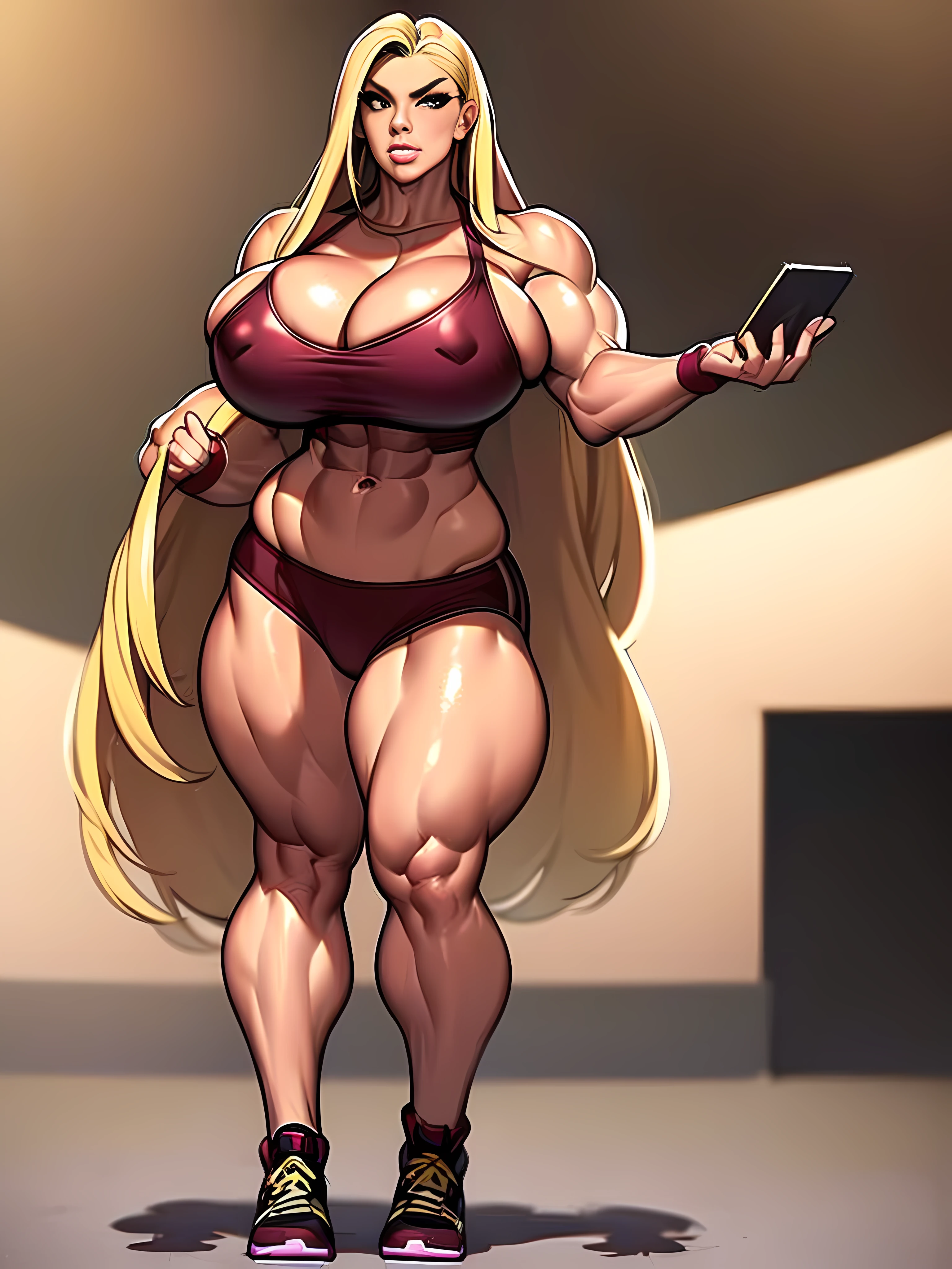 1girl, gym background, full body including head using 6/7 width optimized for iphone, bimbo mature high blonde with big muscles, perfect face, very defined muscles, swollen venous muscles, big muscles with veins, flexing muscles, sexy attire, very big breasts, big calves, wide hips,