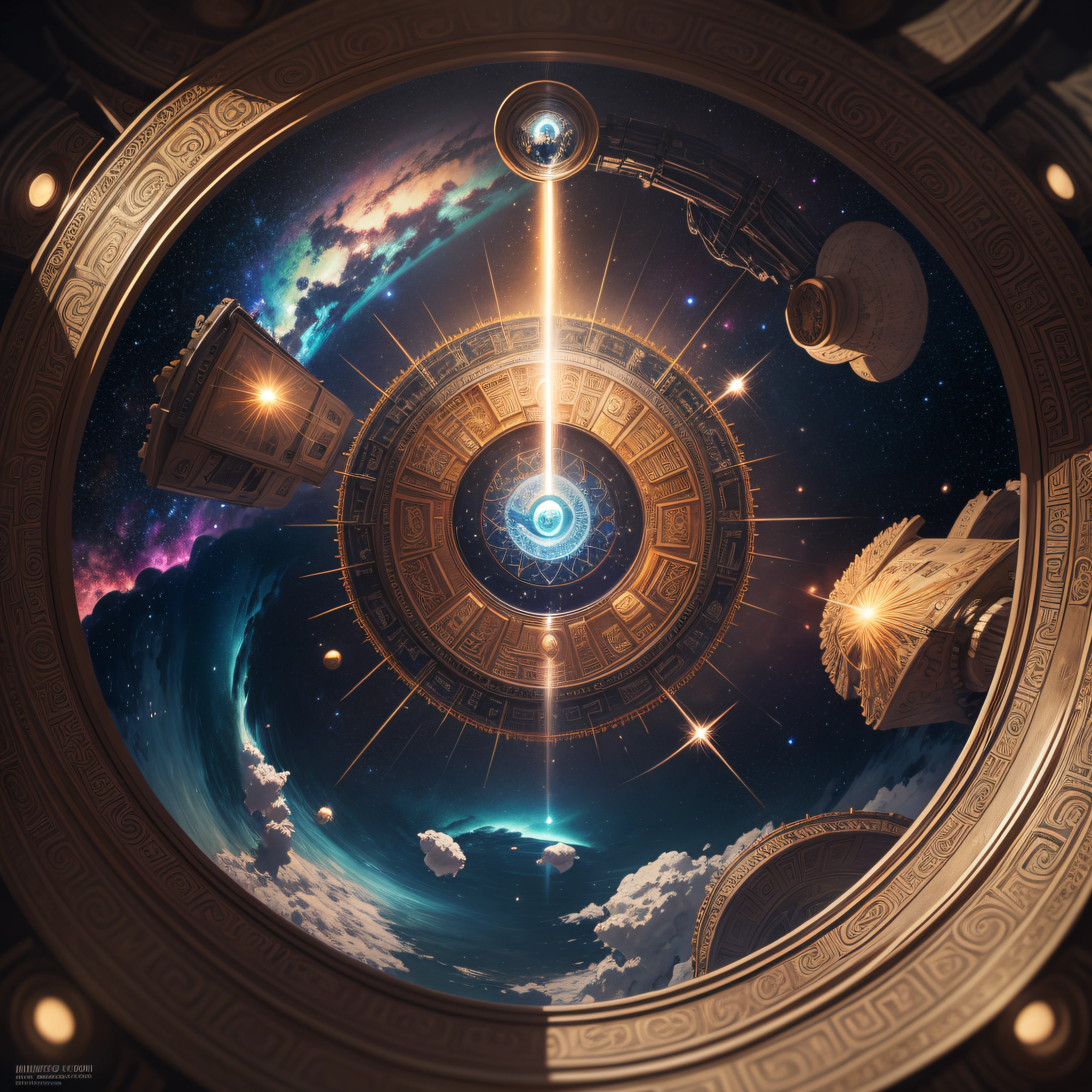 ((Masterpiece)), (Best Quality)), 8K, high detail, hyper-detail,Quetzalcoatl inside a glass round shaped elevator coming out of the top of a Mesoamerican pyramid inside a ray of light in a night full of stars and the milky way all around ,alex grey