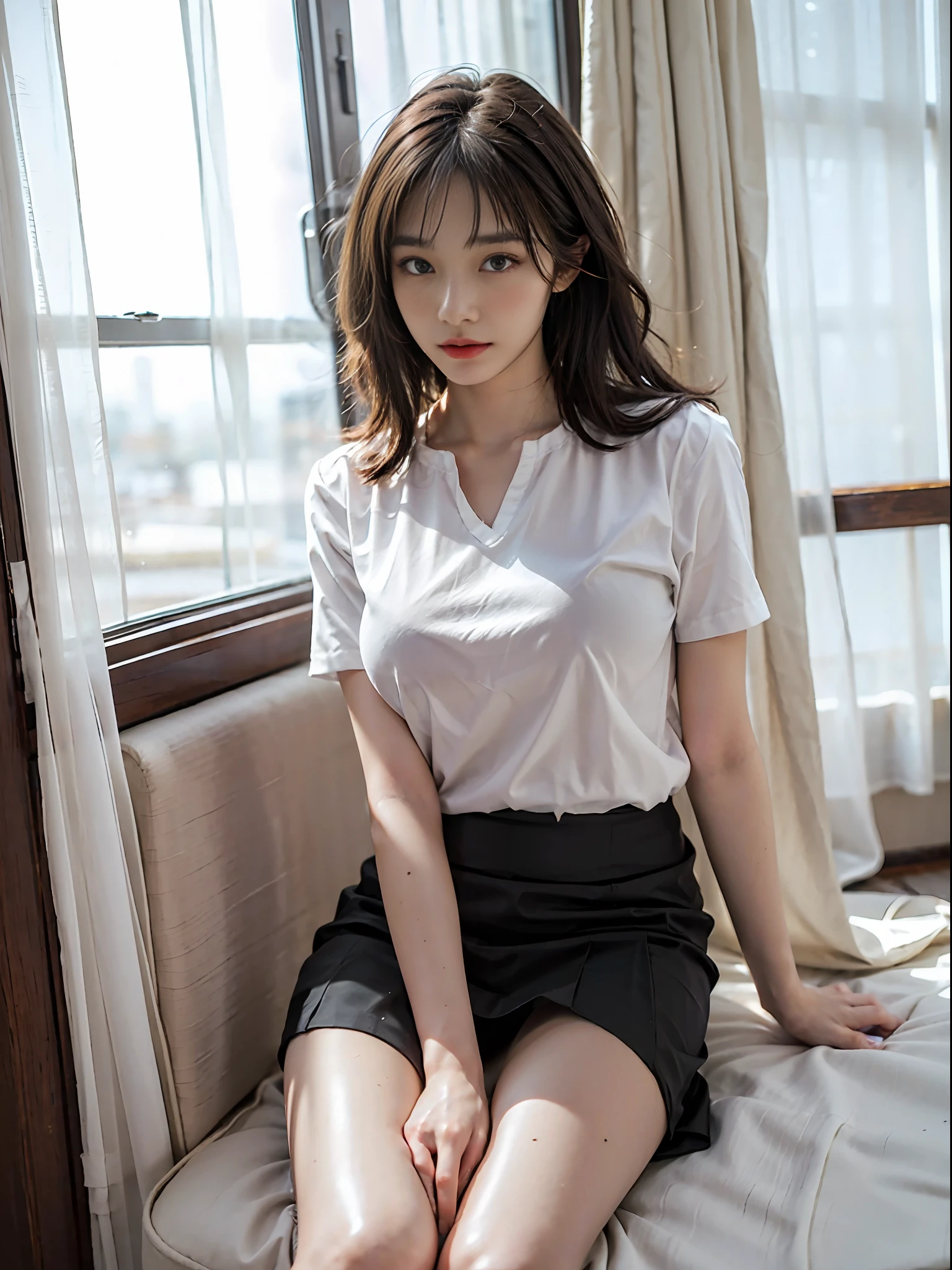 Masterpiece, 1 girl, leaning against curtains, faint smile, shiny skin, best quality, masterpiece, photo realistic (realistic: 1.4), short black skirt, focal length on the person, (large aperture: 1.2), messy hair, interior