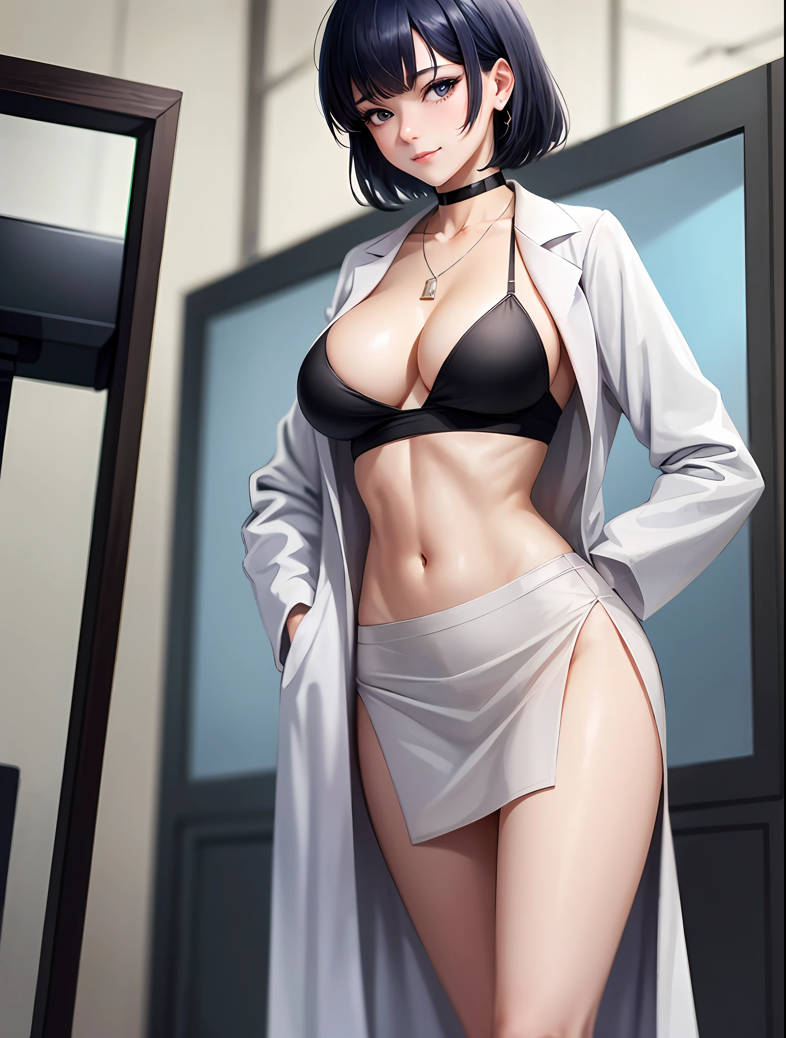 masterpiece, hot shot, ((best quality)), absurdres, perfect antomy, Tae Takemi, (Small smile), necklace, choker, dress, (Big breasts:1.3), braless, defined abdomen, labcoat, standing, doctor office background, sexy pose
