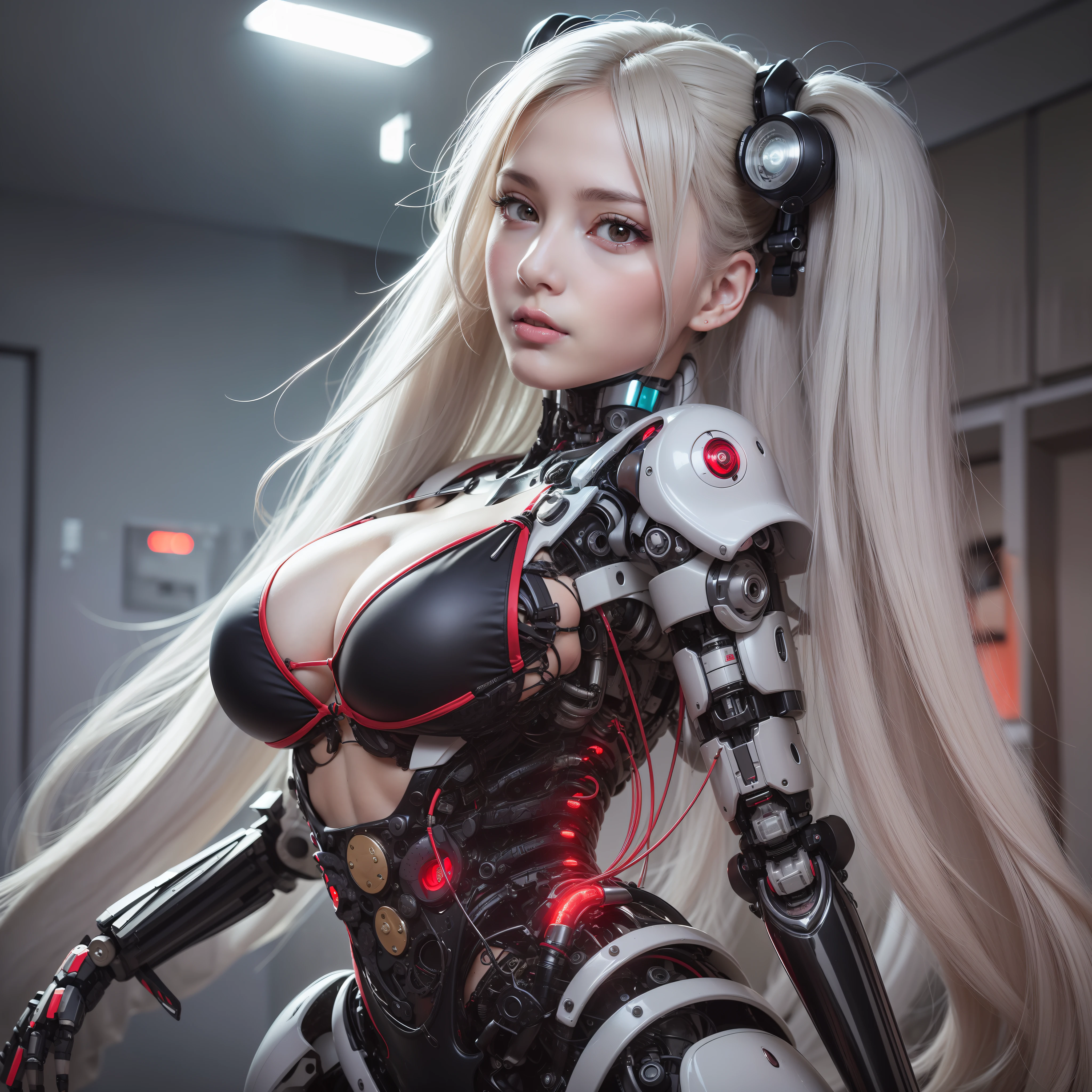 Beautiful Face,face is Japan, 1 Woman, Big, Curvaceous,(8k, RAW photo, top quality, masterpiece: 1.2)(Realistic, Photorealistic: 1.37) (Blood vessel attached to tube)((((Bikini Cyborg robot parts)))), (Light gray hair), Long hair, Wavy hair, Twin tails, Medium shot, ((Seductive smile) ), (Black Eyes), Hime Cut,From Below,(whole body),posing,,Inside the lab,( Blood vessel connected to a tube),((Mechanical vertebrae attached to the back)),((Mechanical neck attached to the neck)),(Wire and cable attached to the head and body),(Character Focus),Science Fiction,