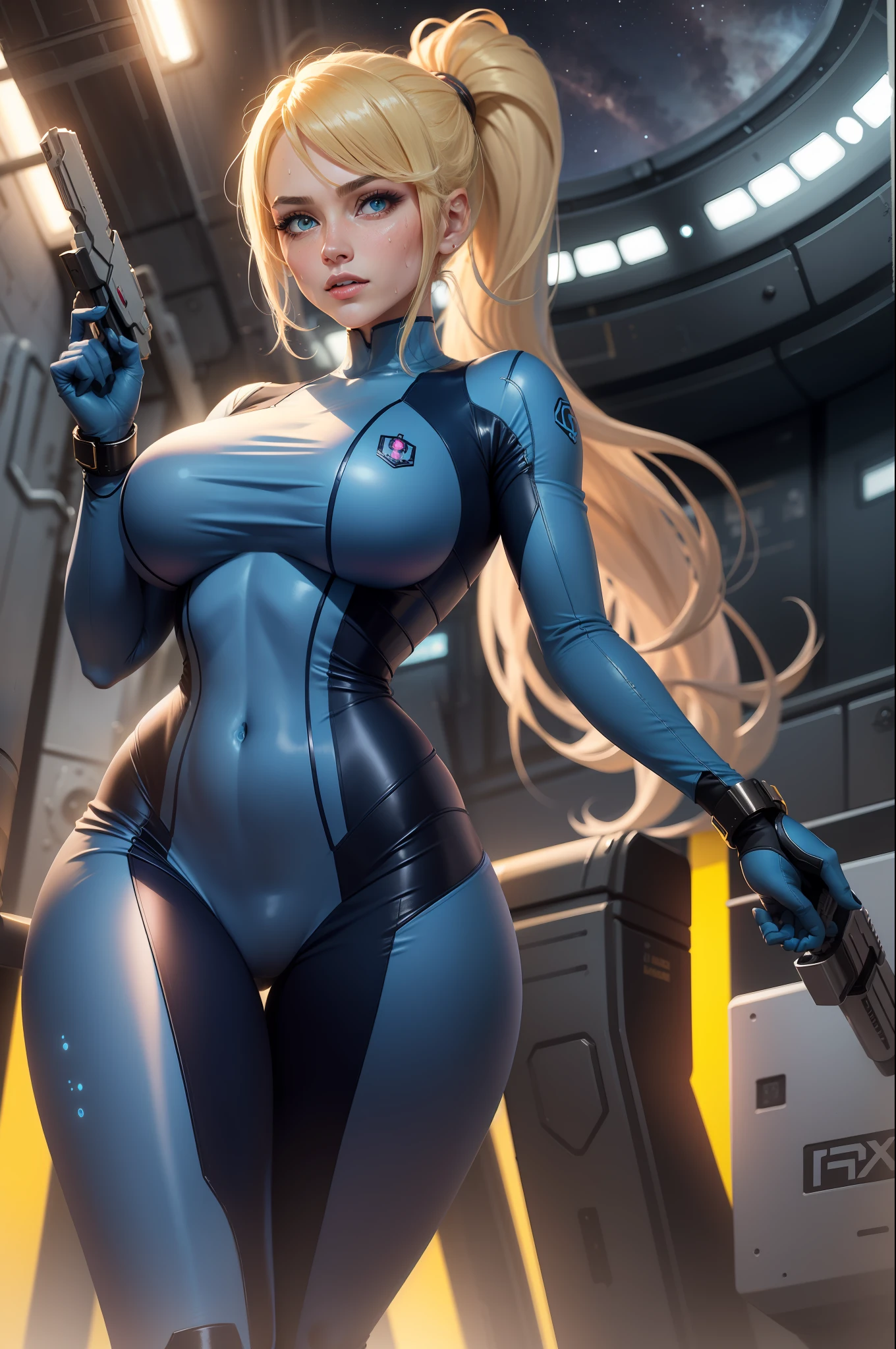 1girls，Female Star Warrior，Delicate and beautiful face，blushing face，Sweat on the face，Blue pupils，The lips open slightly，HAIR LOIRO，High ponytail，Busty boobs，Convex buttocks，Dressed in a blue bodysuit，Armed with a firearm，Weapons of the future，chest close-up，Close-up of buttocks，perfectly proportioned，samus aran，Detailed clothing details，Liquid effects，space station，heavenly body，The metropolis of the future，High-tech scene，high quailty，A Masterpiece，8K，