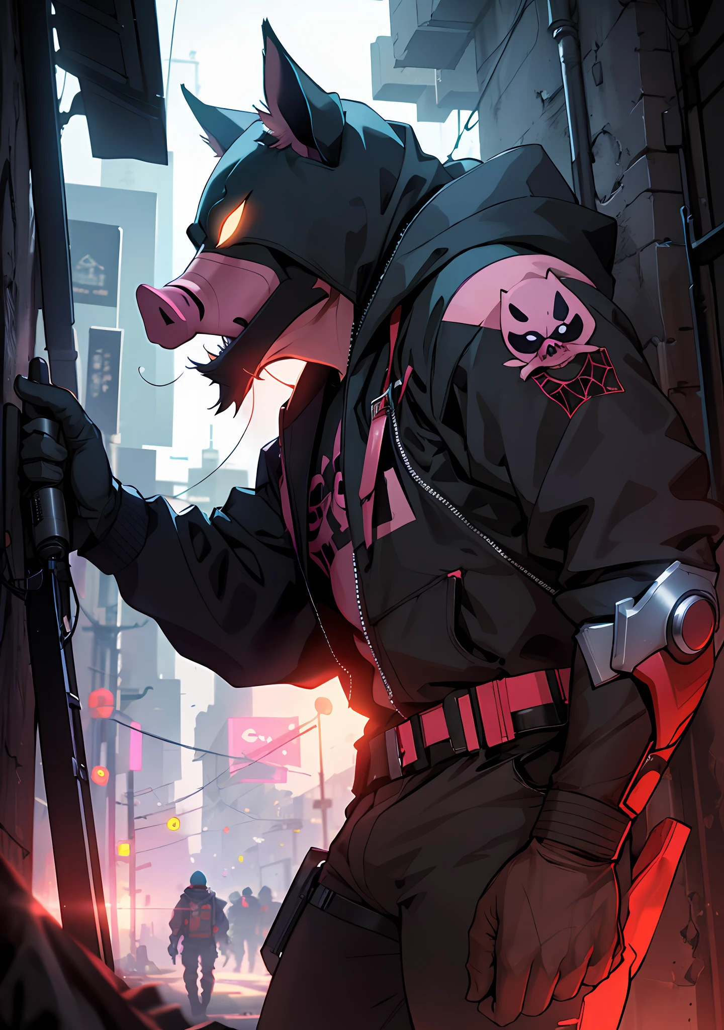 Pig man taking pictures on a dark night the flash of his camera illuminates mysterious scenarios, pig spider, Spiderverso, Peter Porker, rasgos latinos, 8 1 5ultra detalle, high res, ultra detallado, mejor calidad, incredible, calidad superior, fondo de pantalla CG unity 8k extremadamente detallado, ccinematic lighting, cyberpunk, chico oscuro