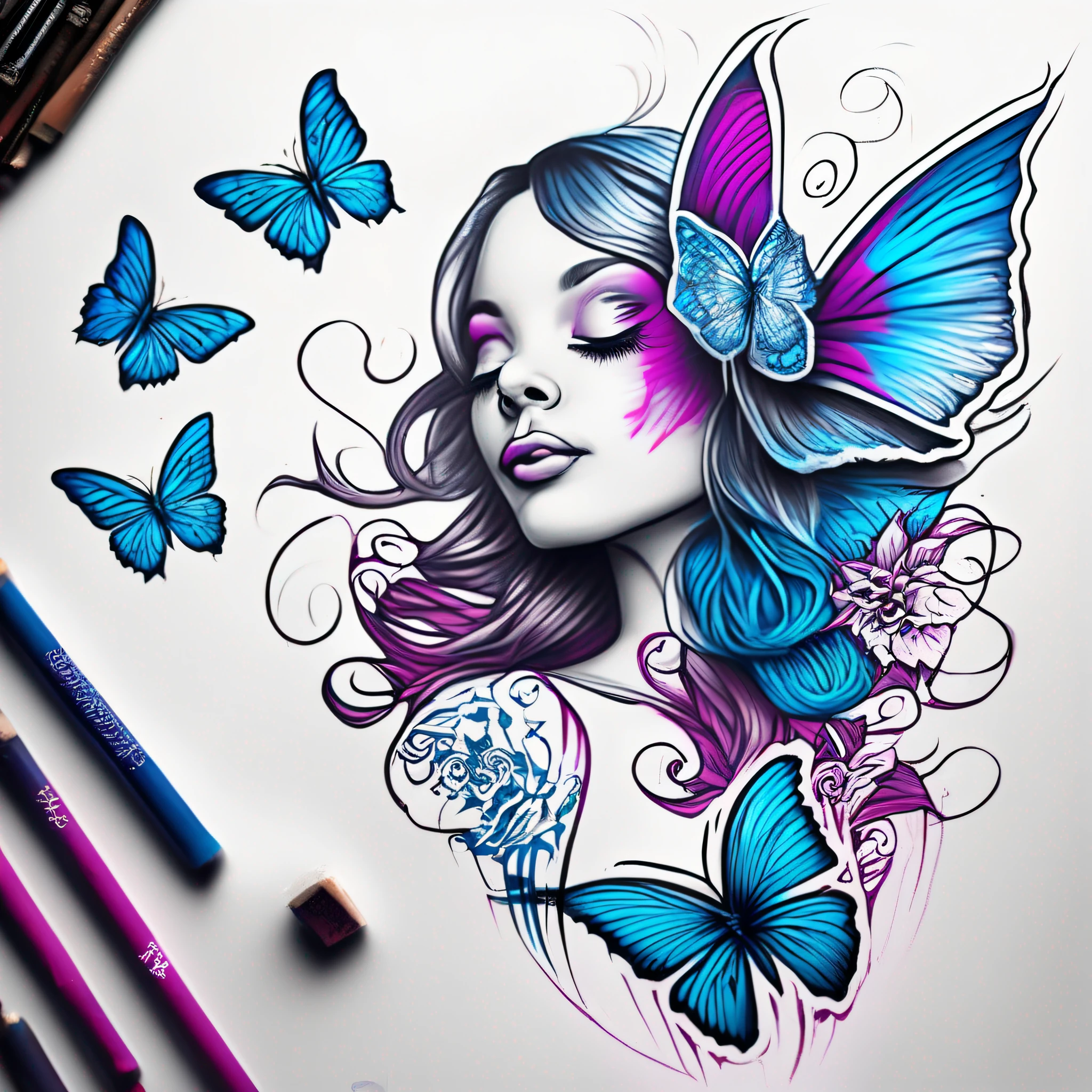 1 desenho de tatuagem de modelo de beleza por karimah, Coloring of wings for a butterfly, no estilo de serigrafia, Branco, azul e magenta, onda de rolo, stencil iconography, flicker, Pinceladas suaves, provia