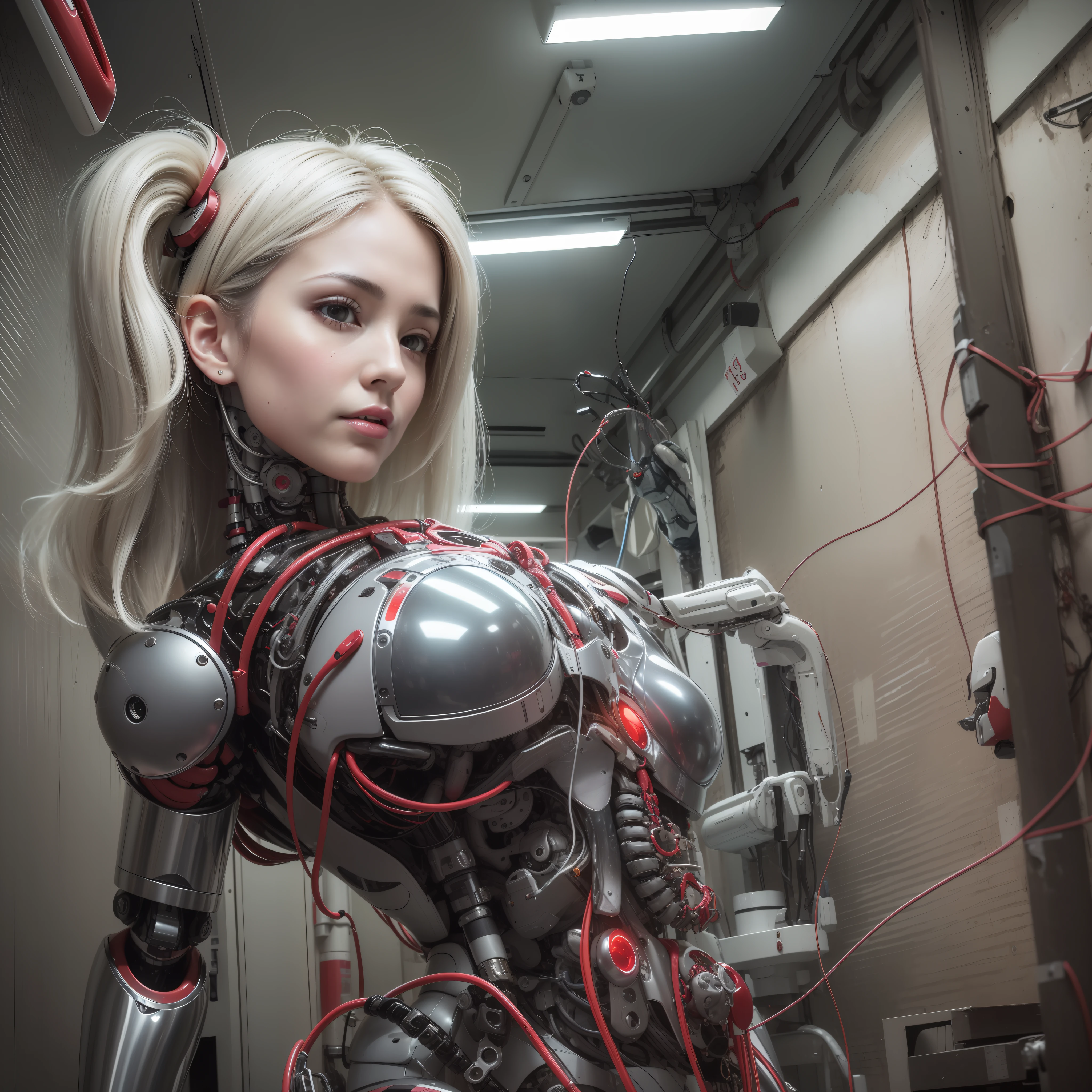 Beautiful Face,face is Japan, 1 Woman, Big, Curvaceous,(8k, RAW photo, top quality, masterpiece: 1.2)(Realistic, Photorealistic: 1.37) (Blood vessel attached to tube)((((Bikini Cyborg robot parts)))), (Light gray hair), Long hair, Wavy hair, Twin tails, Medium shot, ((Seductive smile) ), (Black Eyes), Hime Cut,From Below,(whole body),posing,,Inside the lab,( Blood vessel connected to a tube),((Mechanical vertebrae attached to the back)),((Mechanical neck attached to the neck)),(Wire and cable attached to the head and body),(Character Focus),Science Fiction,