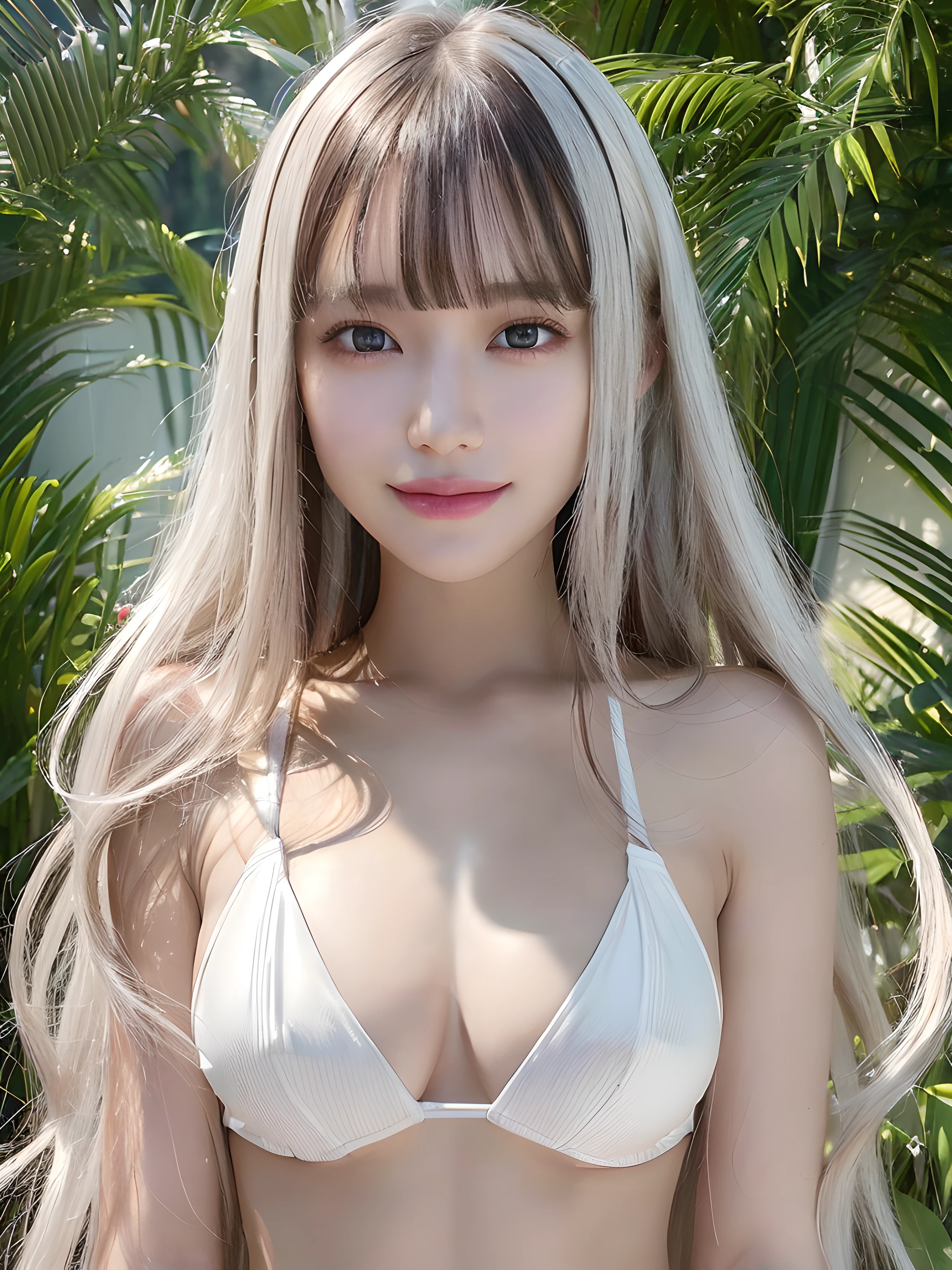 (8k), (best quality), (masterpiece:1.3), (realistic), (photorealistic:1.36), ultra-detailed, cinema lights,white bikini,smile,
1girl, solo, (((dark long hair with bangs))), (finely detailed beautiful amber eyes: 1.2), lustrous skin, show Clavicle, perfect skin, (adult face:1.2), (medium_breasts:1.3),