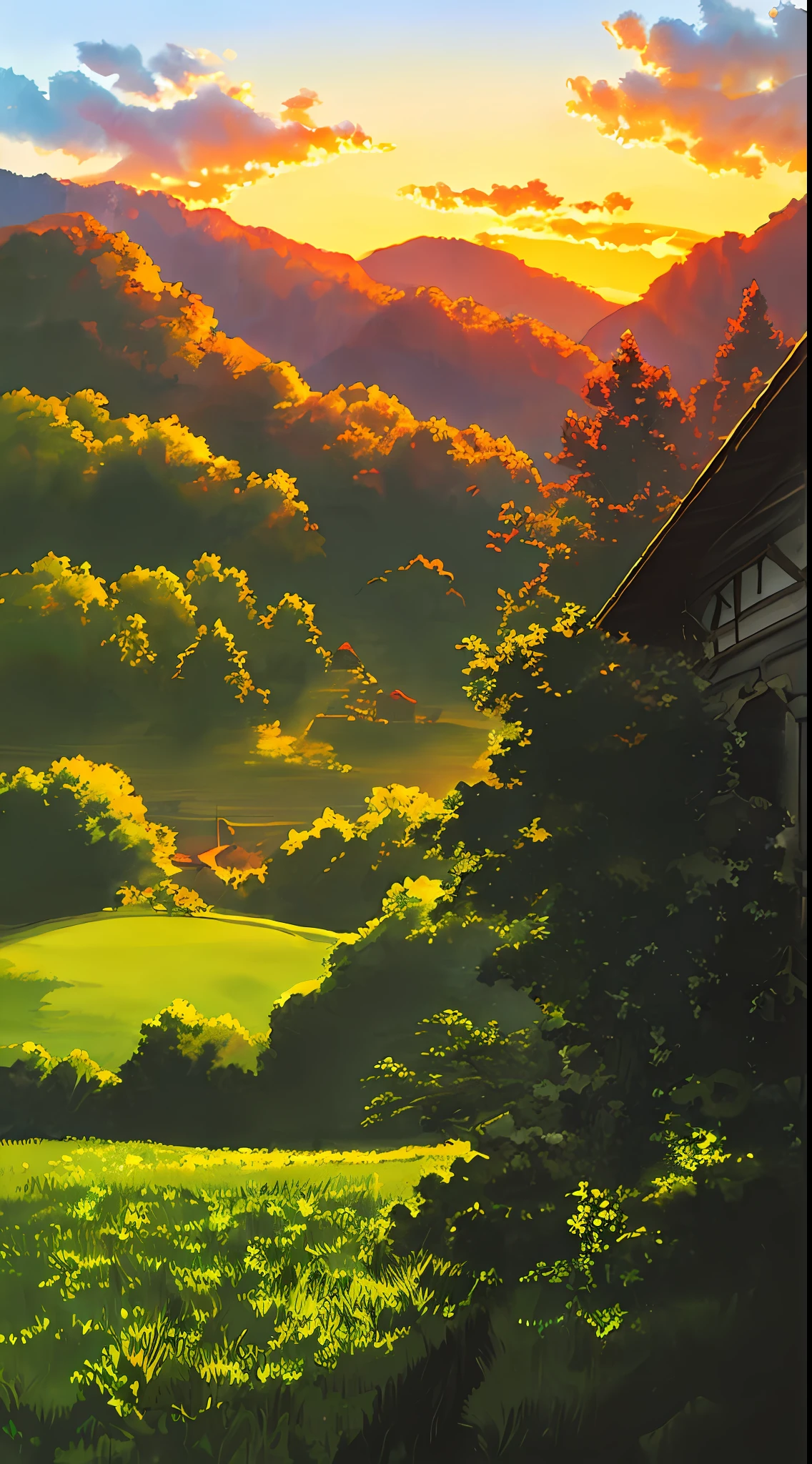 ((high quality))), highly_detailed, extremely_detailed_CG_unity_8k_wallpaper, illustration, high resolution, absurd, beautiful_detailed_build, finely_detailed_architecture, highly_detail_house_, ((best quality)), High saturation, clear, reasonable structure, cartoon style, architecture, bridge, construction, castle, chimney, clouds, cloudy_sky, day, fantasy, gate, grass, house, mountain, no_humans, outdoor, river, landscape, sky, sunset, tree, window, main color orange