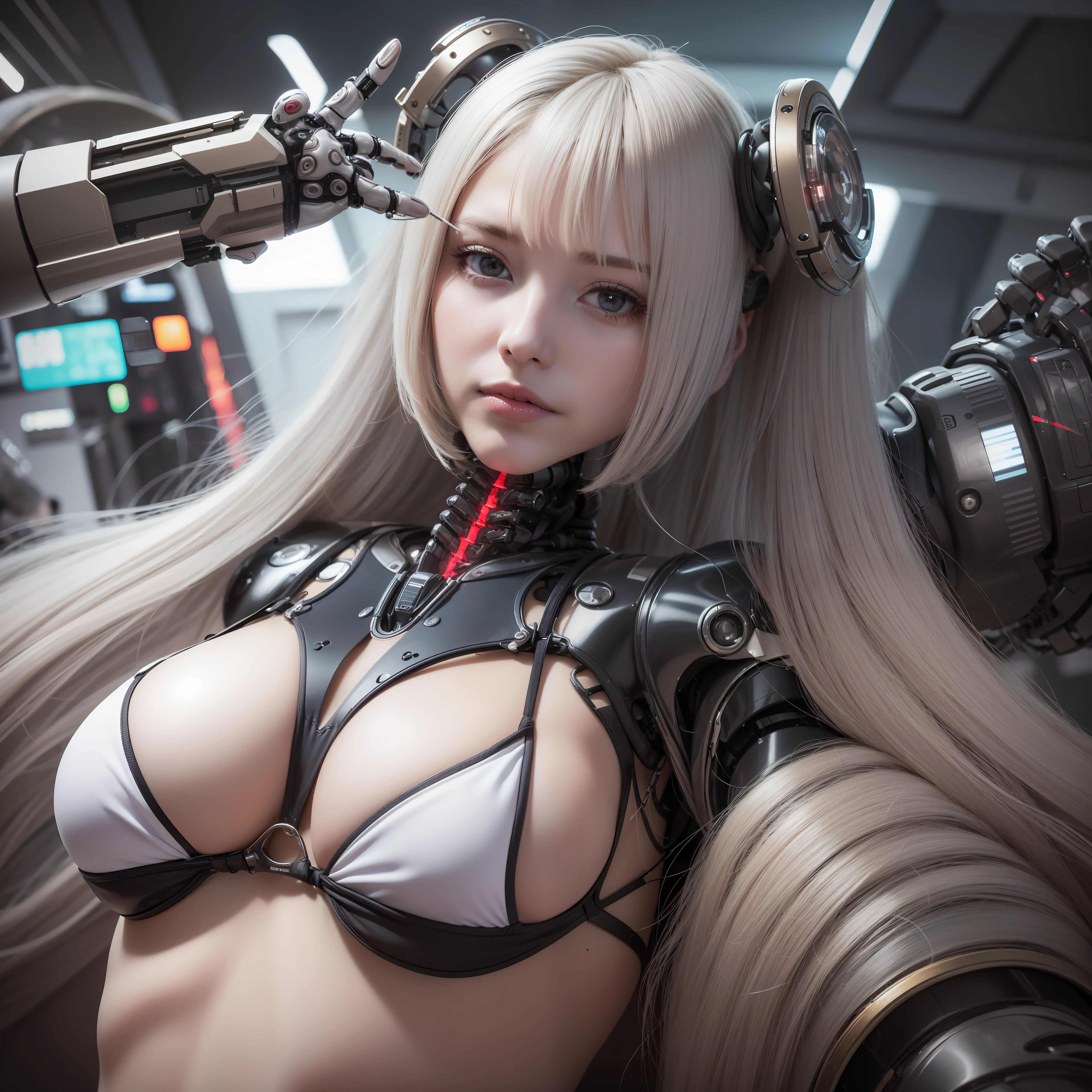 Beautiful Face,face is Japan, 1 Woman, Big, Curvaceous,(8k, RAW photo, top quality, masterpiece: 1.2)(Realistic, Photorealistic: 1.37) (Blood vessel attached to tube)((((Bikini Cyborg robot parts)))), (Light gray hair), Long hair, Wavy hair, Twin tails, Medium shot, ((Seductive smile) ), (Black Eyes), Hime Cut,From Below,(whole body),posing,,Inside the lab,( Blood vessel connected to a tube),((Mechanical vertebrae attached to the back)),((Mechanical neck attached to the neck)),(Wire and cable attached to the head and body),(Character Focus),Science Fiction,
