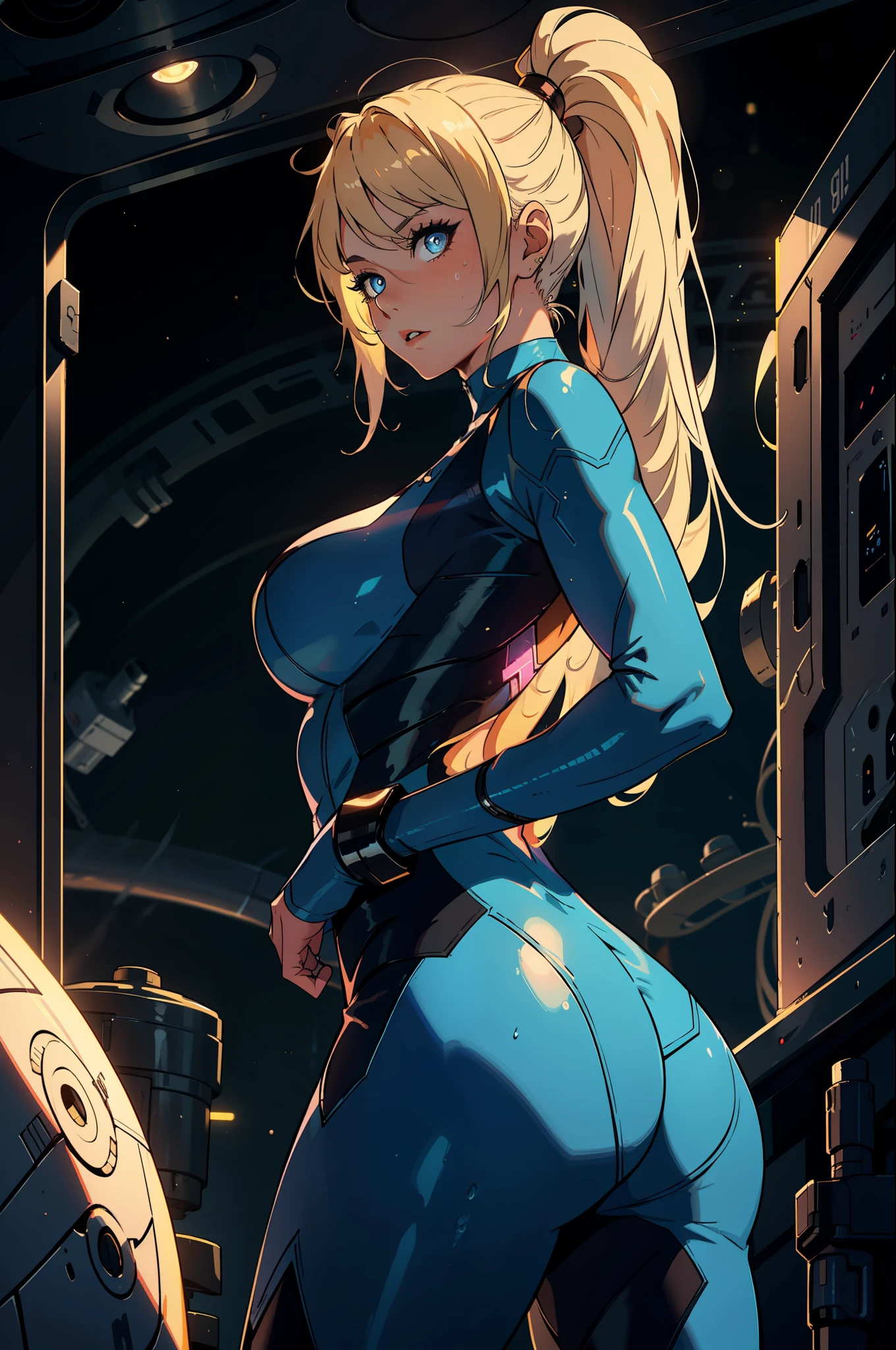 1girls,Female Star Warrior,Delicate and beautiful face,blushing face,Sweat on the face,Blue pupils,The lips open slightly,HAIR LOIRO,High ponytail,Busty boobs,Convex buttocks,Dressed in a blue bodysuit,Armed with a firearm,Weapons of the future,chest close-up,Close-up of buttocks,perfectly proportioned,samus aran,Detailed clothing details,Liquid effects,space station,heavenly body,The metropolis of the future,High-tech scene,high quailty,A Masterpiece,8K,