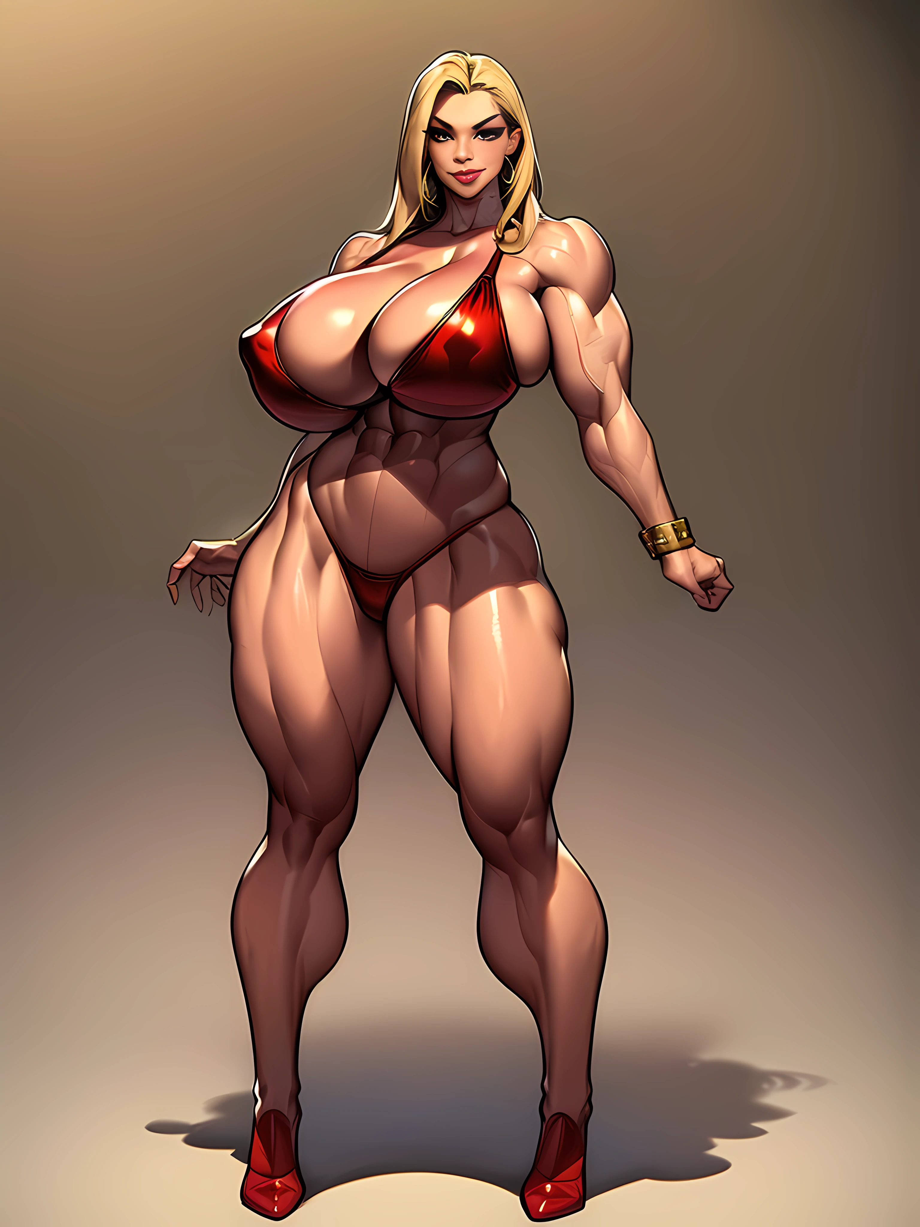 ((Masterpiece)), ((perfect body)), ((very defined face)), 1girl, single woman, full body including head using 6/7 wide optimized for iphone, mature bimbo smiling tall blonde with big muscles posing sexy, perfect face, very defined muscles, swollen venous round muscles, large muscles with veins, flexing biceps, sexy attire, very large breasts, big calves, wide hips,