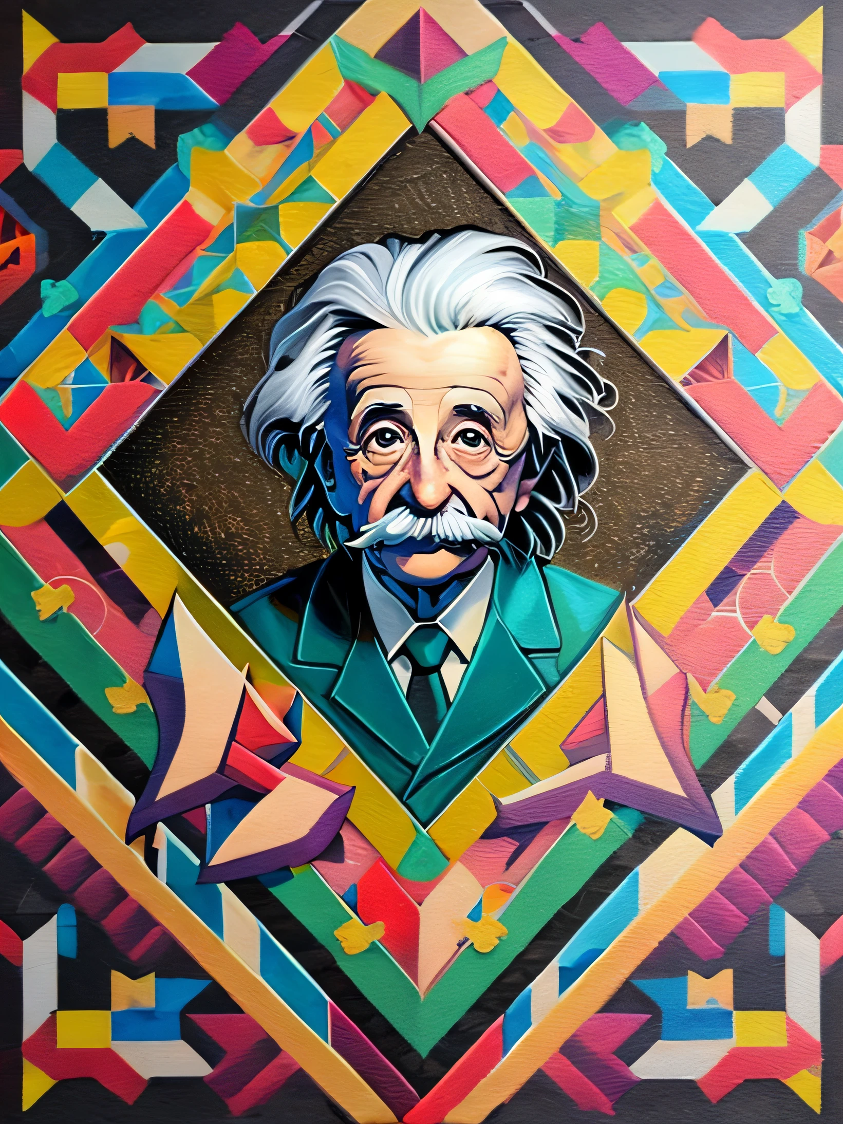(Best quality),(masterpiece),(ultra detailed),(high detailed),(extremely detailed),centered, isometric, mural, graffiti, composition, shapes, patterns, vector art ready to print highly detailed graffiti illustration of Einstein