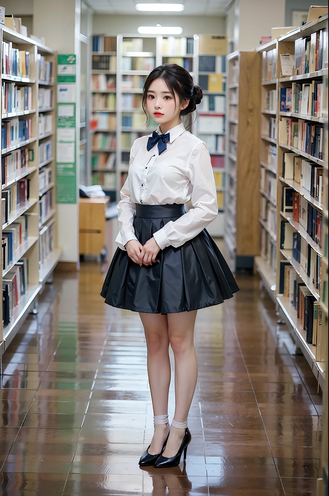 Woman standing alone in library, white floral blouse, dark blue bow tie, dark blue skirt with ruffles, wearing white silk ruffled socks, wearing pumps, white light background