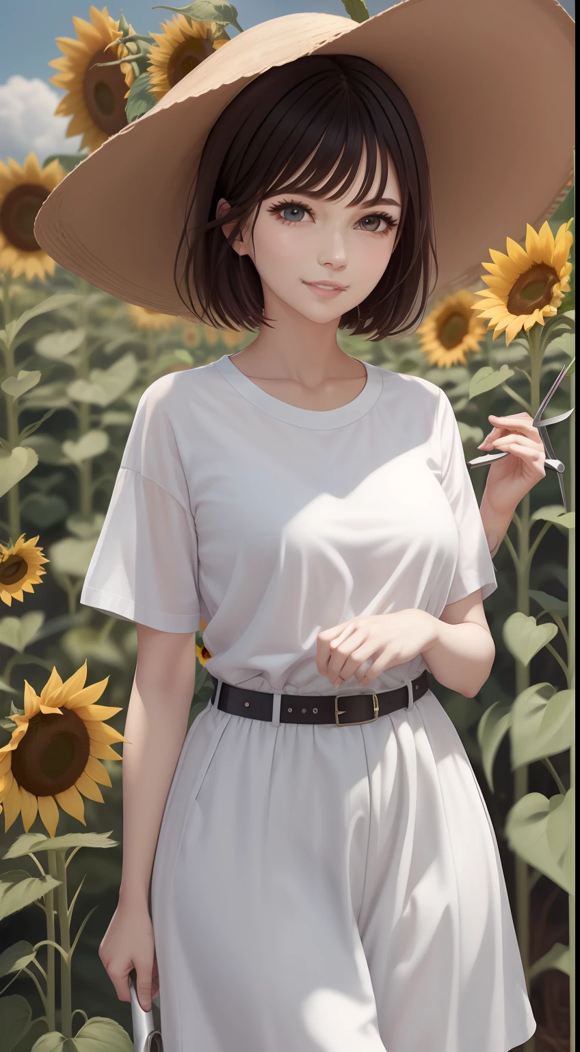 a pretty woman,White T-shirt、G-pan、 wearing a belt tool around her waist,Straw bowl、Taking a walk in the many sunflower fields