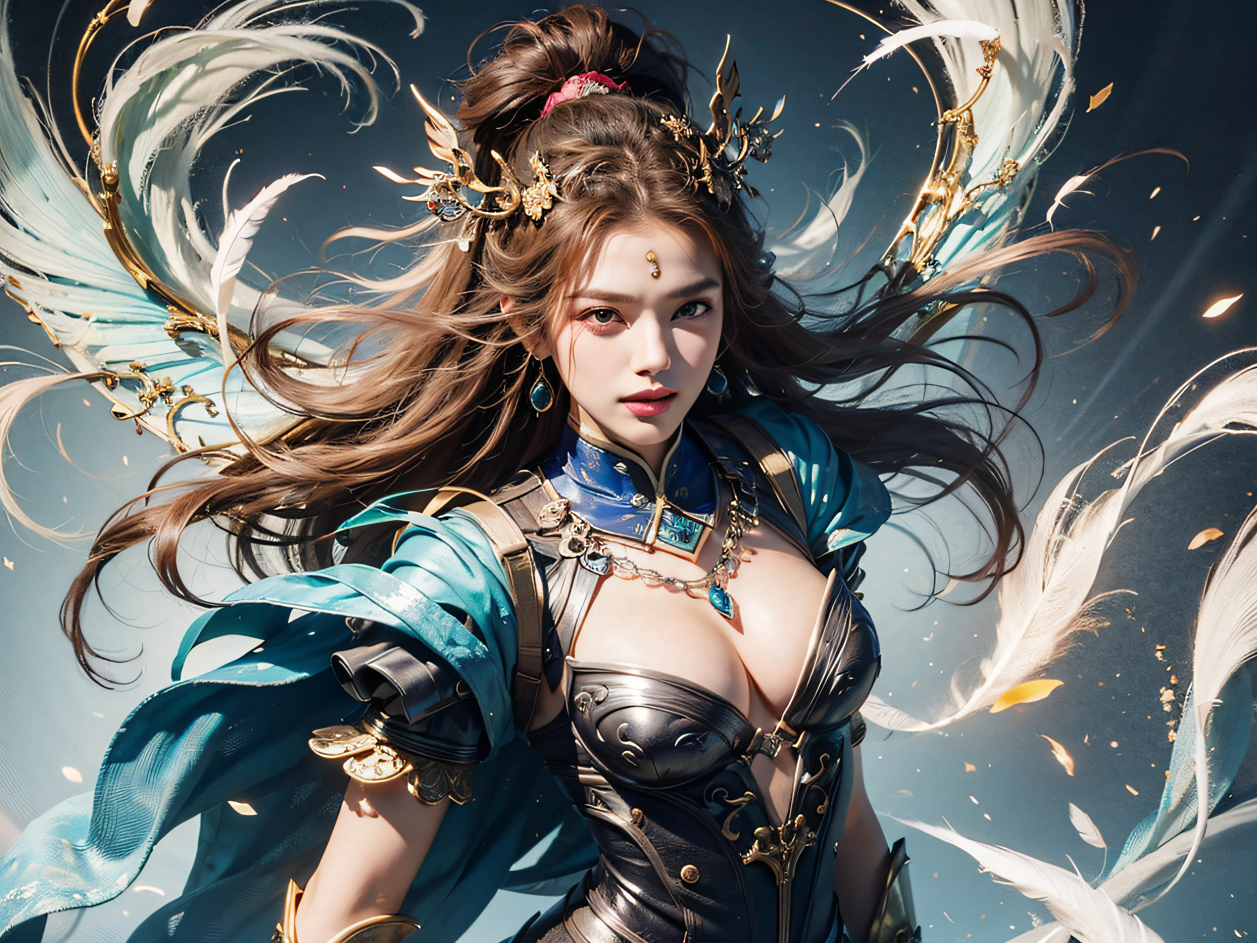 (ultra quality,Unmatched masterpiece:1.4)overwhelmingly pixel-perfect,Perfect face shape, Perfect body, Oversize models, (((Large breasts))), Ultra-detailed CG 8K,Goddess Flying into the Sky,Chinese wind,Phoenix Fairy,(solo:1.4)(1girls:0.5)(facing the viewer:1.2)(Behind the arm:1.2)(cowboy-shots:1.2)(From above:1.1),skin dentation(curvilinear:1.9)(Bimbo:1.4)(Normal waist circumference:1.2)(Thick lips:1.3)Small Nose(Light smile:1.2)Rock,tree,Plante,bush,Color grading,(Erotic face:1.9), ornate clothes,Beautiful feather pattern,With a weapon in his hand,32K