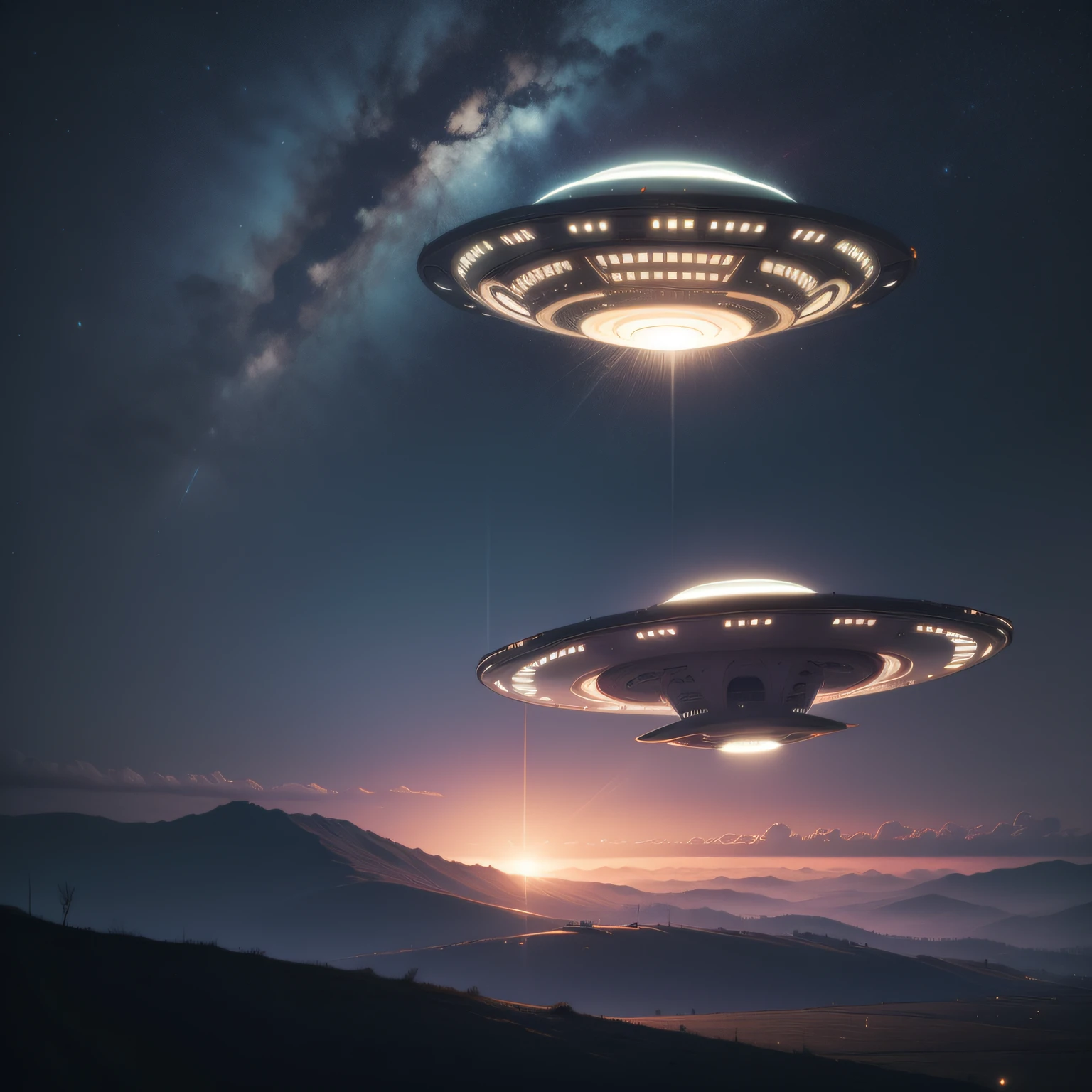 um ufo, a UFO ,  em formato de prato, Landing on the ground,  visto de cima, na cor preta, com luzes misteriosas, 8k