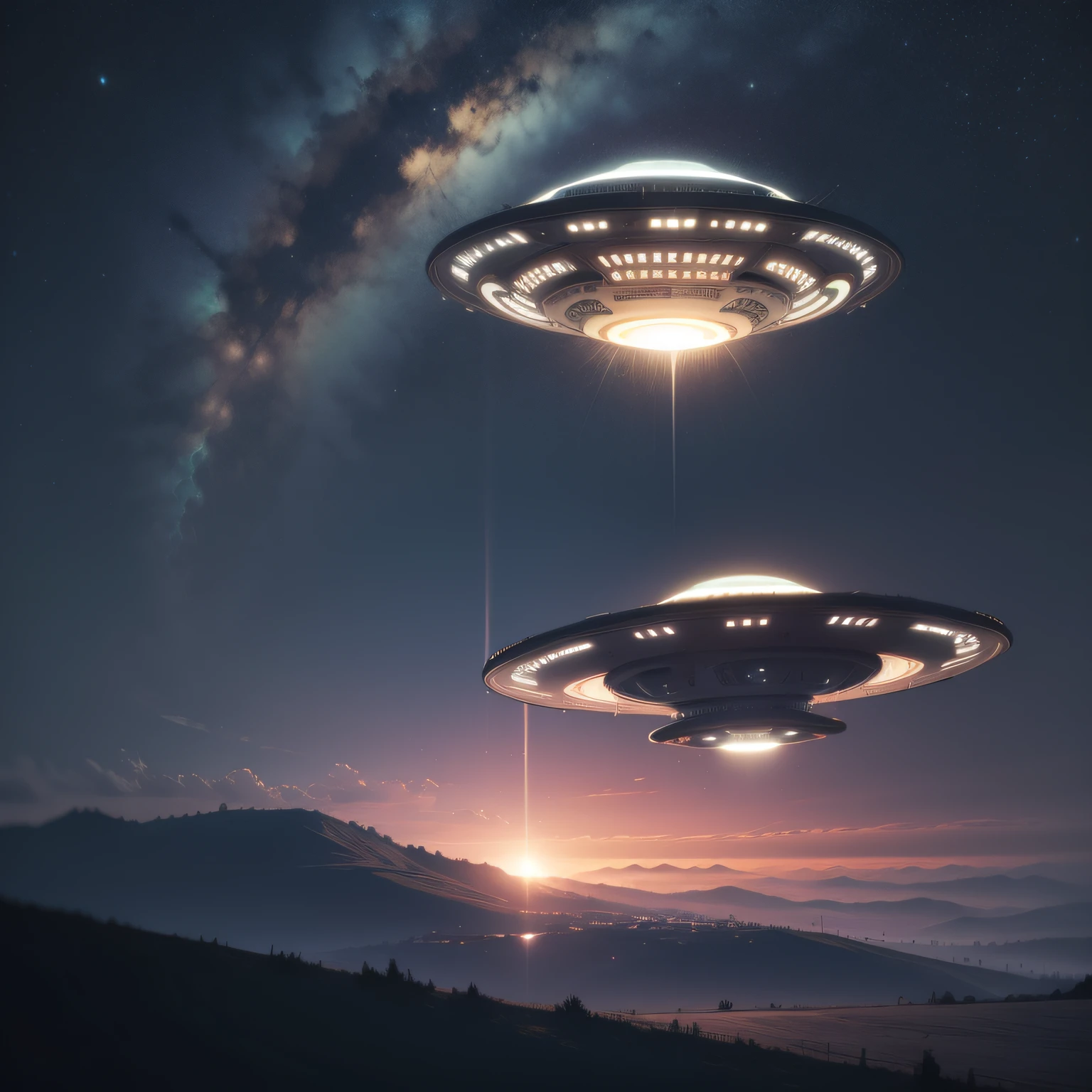 um ufo, a UFO , em formato de prato, Landing on the ground, visto de cima, na cor preta, com luzes misteriosas, 8k