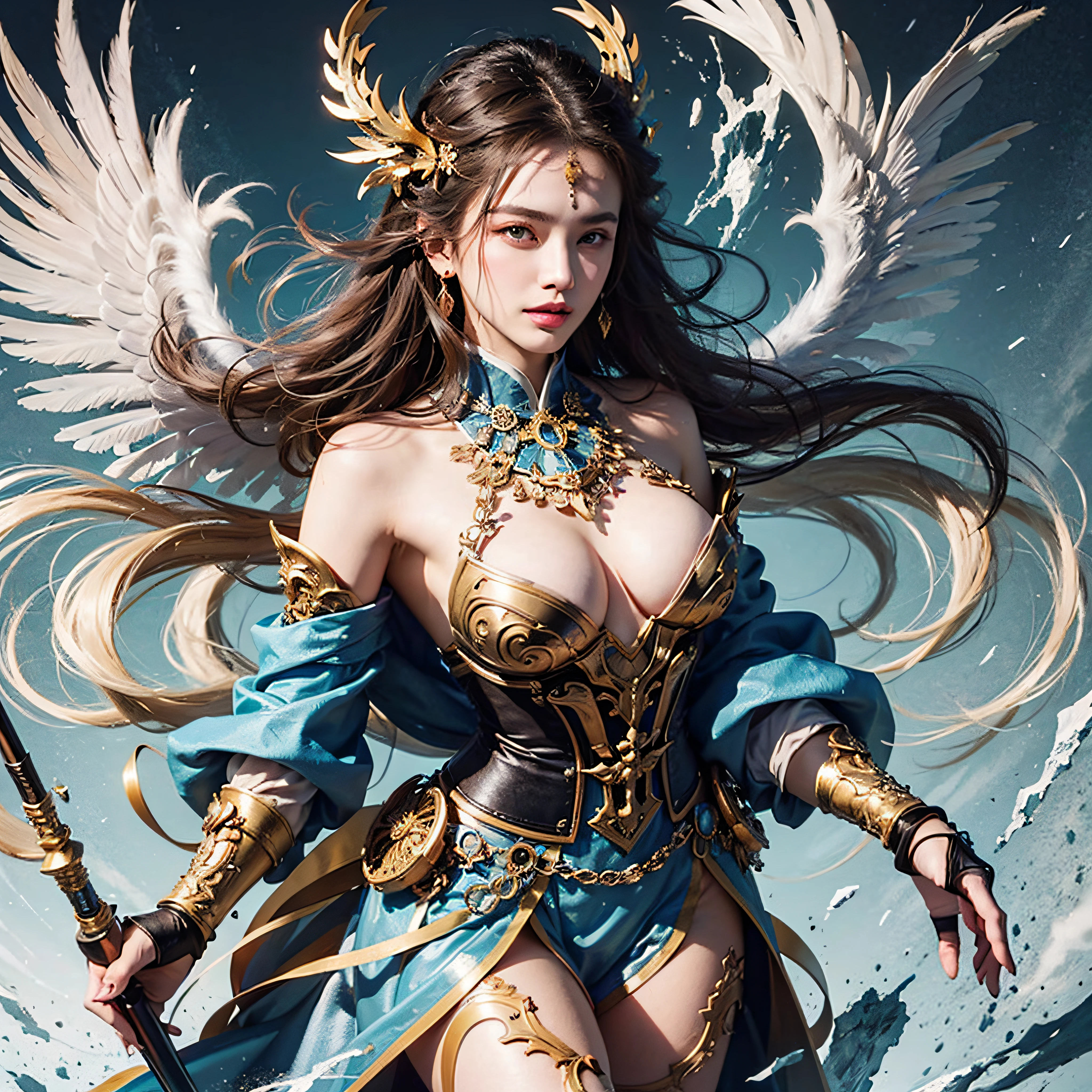 （ultra quality，Unmatched masterpiece：1.4）overwhelmingly pixel-perfect，Perfect face shape, Perfect body, Oversize models, （（（Large breasts）））, Ultra-detailed CG 8K，Goddess Flying into the Sky,Chinese wind，Phoenix Fairy，（solo：1.4）（1girls：0.5）（facing the viewer：1.2）（Behind the arm：1.2）（cowboy-shots：1.2）（From above：1.1），skin dentation（curvilinear：1.9）（Bimbo：1.4）（Normal waist circumference：1.2）（Thick lips：1.3）Small Nose（Light smile：1.2）Rock，tree，Plante，bush，Color grading，（Erotic face：1.9), ornate clothes，Beautiful feather pattern，With a weapon in his hand，32K