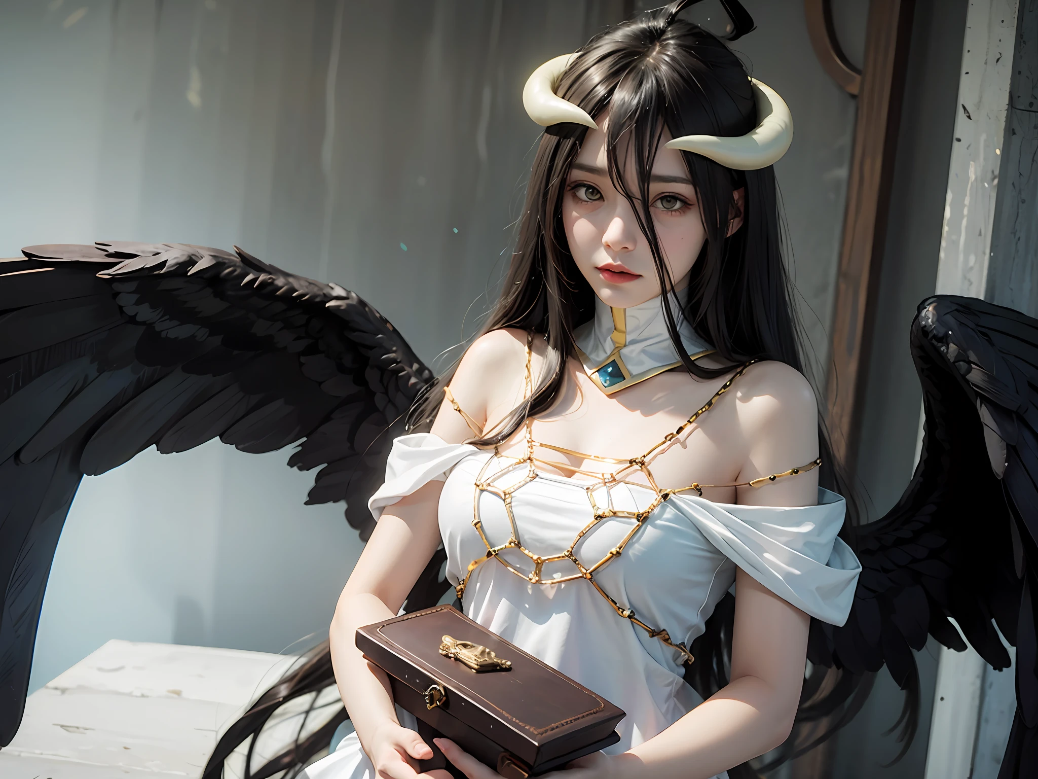 albedo、devil horns、1girl