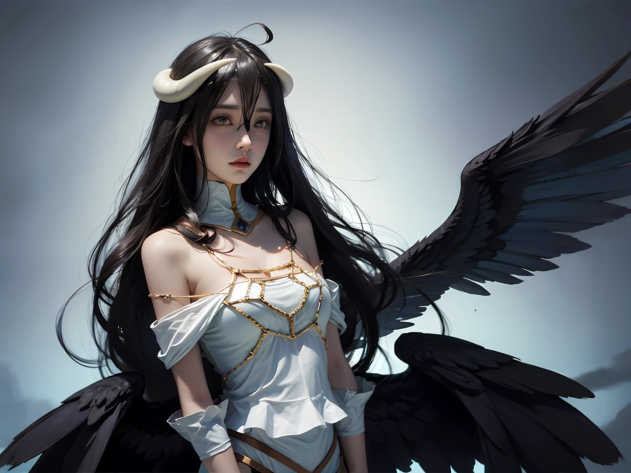 albedo、devil horns、1girl