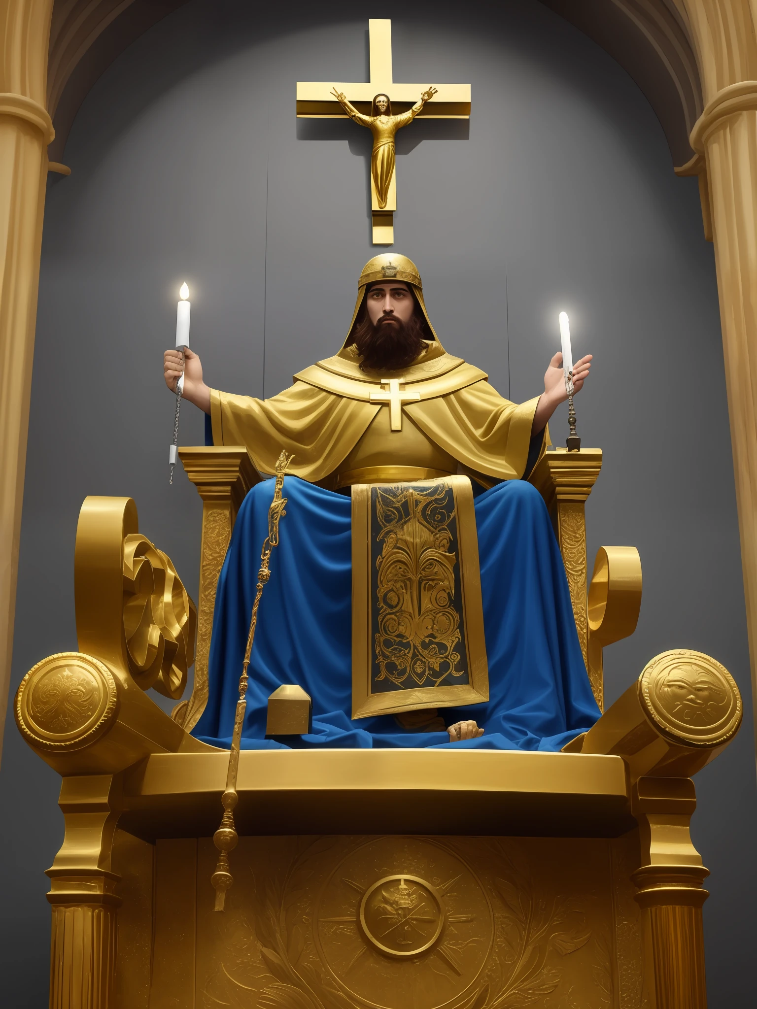 Deus sentado no trono,barba curta,tunica branca ,cinto de ouro,coroa de ouro , com anjos com instrumentos em sua volta