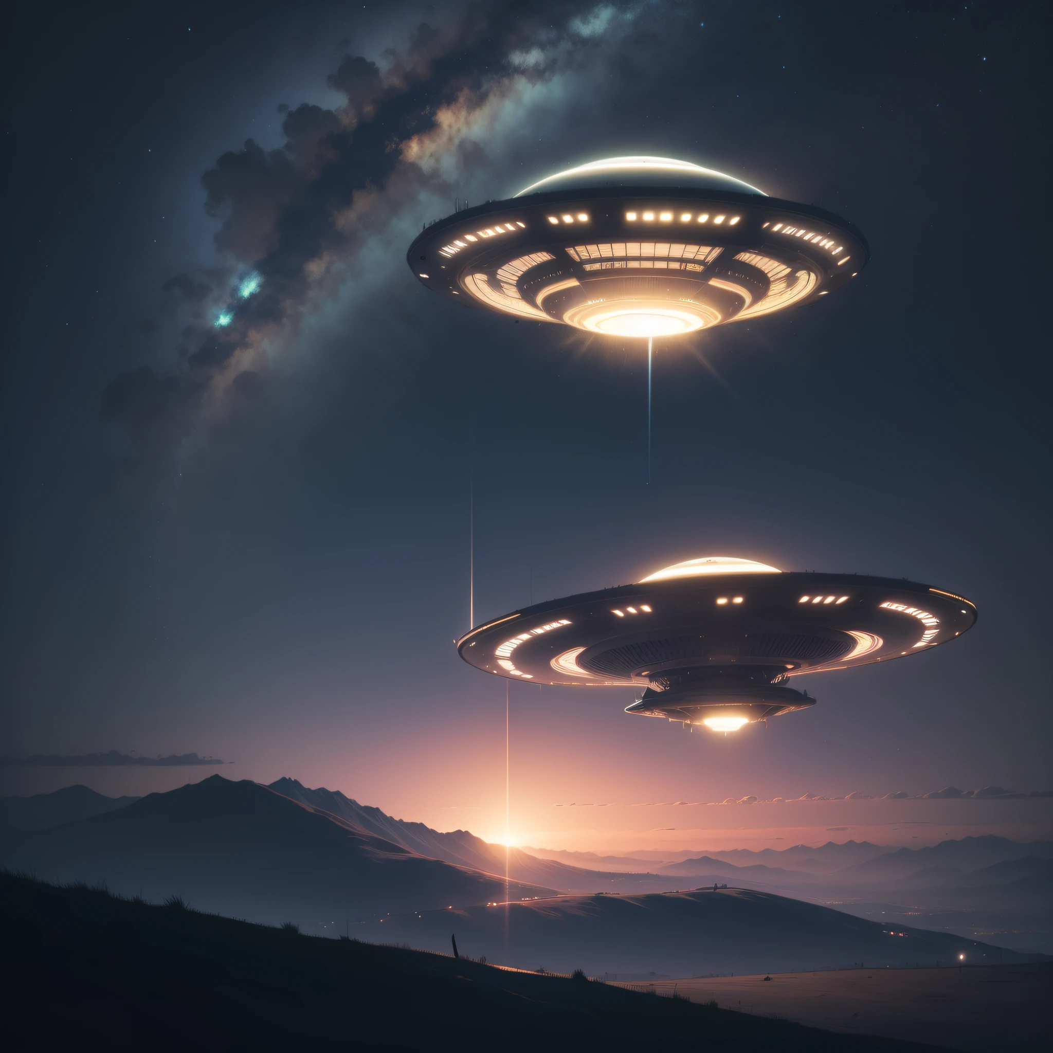 um ufo, um ovni, em formato de prato, Landing on the ground, visto de cima, na cor preta, com luzes misteriosas, 8k