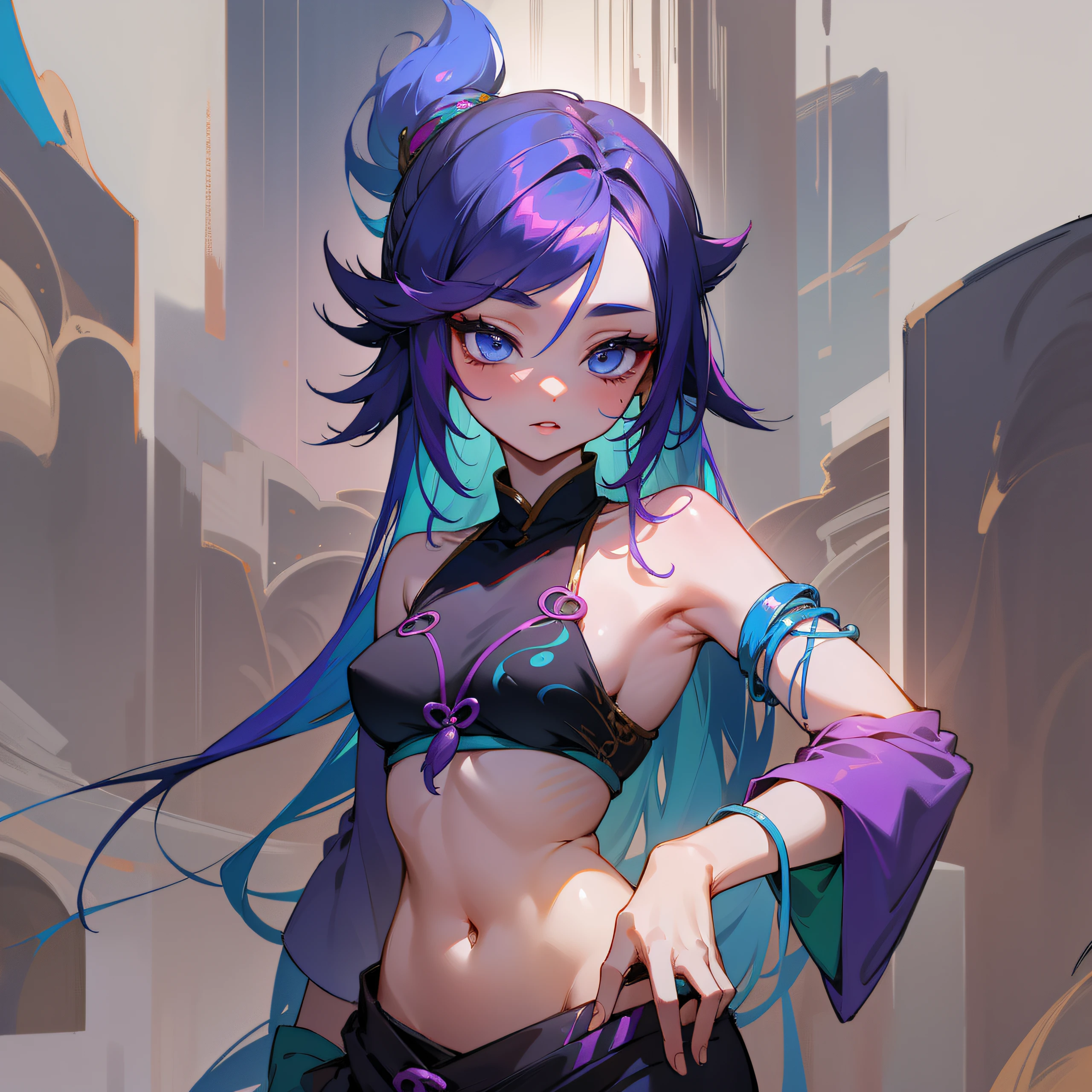 widescreen, anime style, jinxlol in crop top, Jinxlol, (JinxLol: 1.1), (league of legends), pink eyes, full body, big butt, small tits, ultra resolution, perfect anatomy, (small boobs), 1 girl, beautiful hips and stomach, beautiful face, beautiful hands, girls, high resolution beautiful eyes, character concept, perfect anatomy, focus, near perfect, dynamic, high details, highly detailed, station, concept art, sharp soft focus, 8k , masterpiece, fine details,
