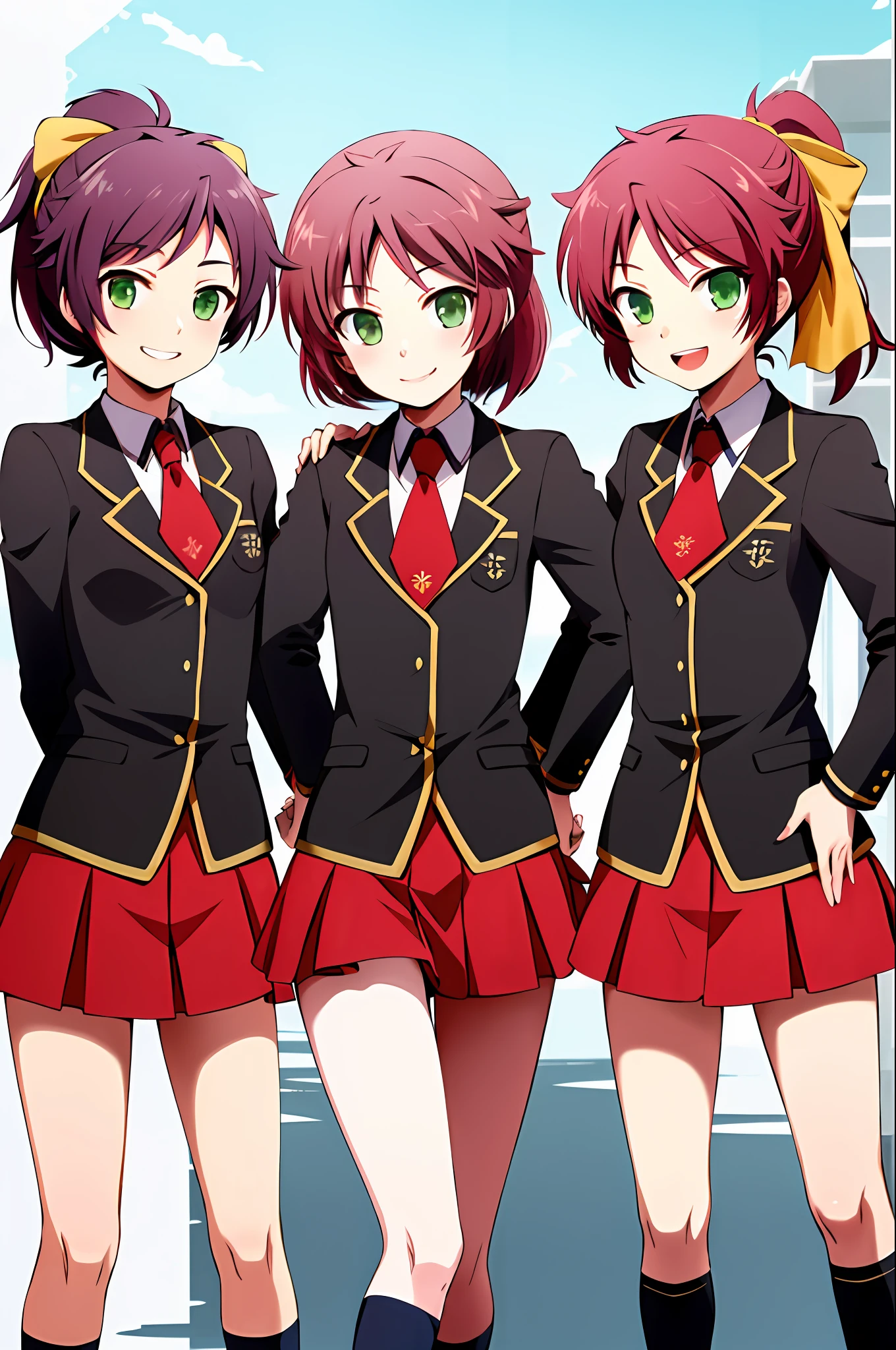 masterpiece, best quality, highres, sm1, school uniform, necktie, red hair, short hair, hair ribbon, skirt, jacket,long sleeves, smile, hand on hip, 3girls, sisters