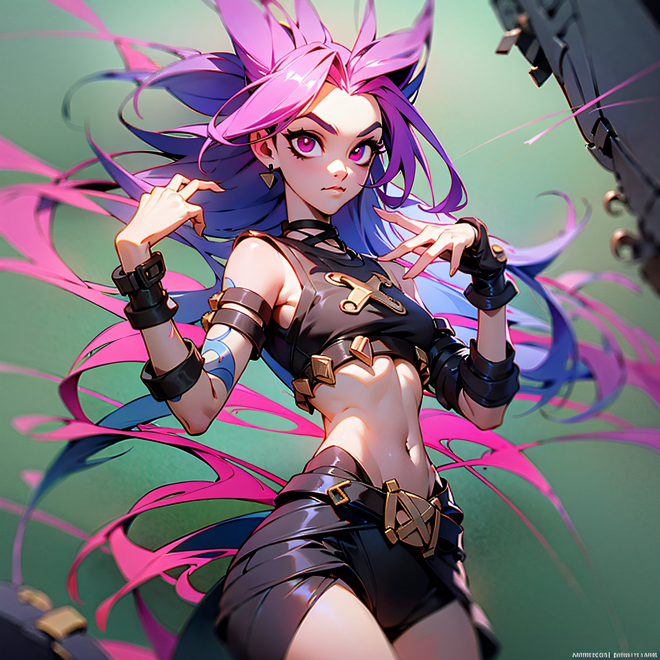 widescreen, anime style, jinxlol in crop top, Jinxlol, (JinxLol: 1.1), (league of legends), pink eyes, full body, big butt, small tits, ultra resolution, perfect anatomy, (small boobs), 1 girl, beautiful hips and stomach, beautiful face, beautiful hands, girls, high resolution beautiful eyes, character concept, perfect anatomy, focus, near perfect, dynamic, high details, highly detailed, station, concept art, sharp soft focus, 8k , masterpiece, fine details,