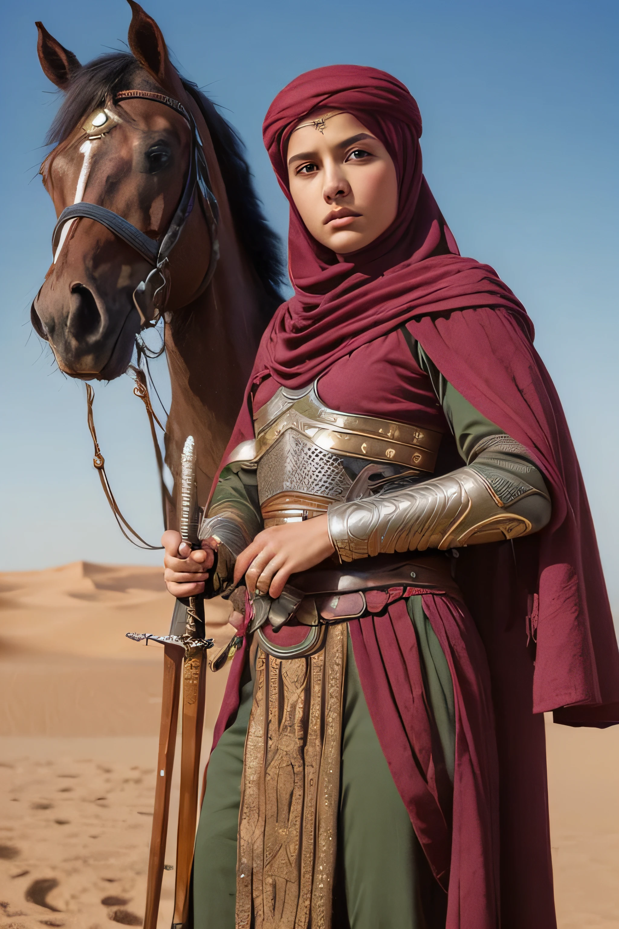 1girl, solo, photography, portrait of arabarmor girl with group of army in dune, shield, sword, realistic, absurdes, detailed,